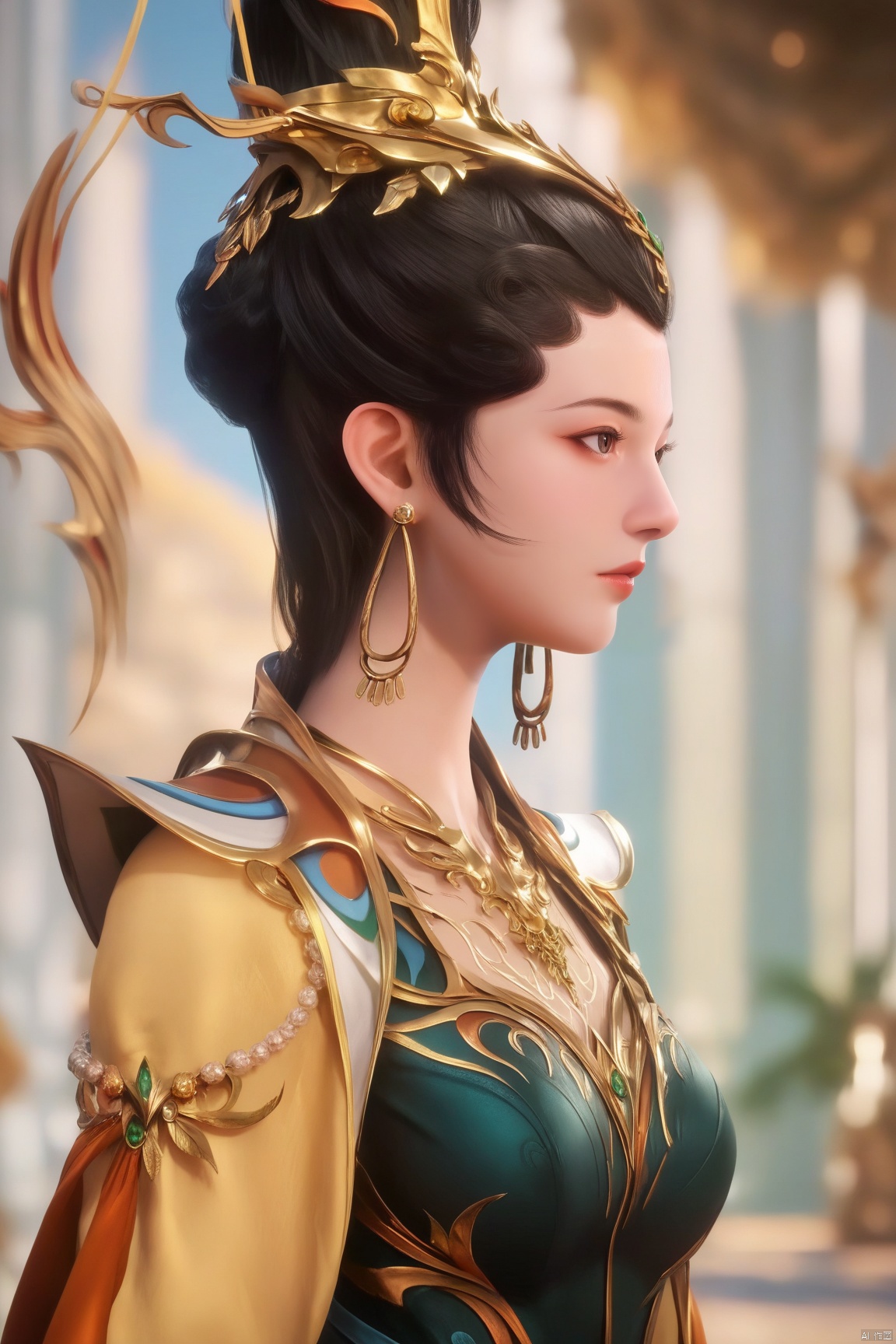 score_9_up,score_8_up,score_7_up,(Masterpiece, Best Quality, Photorealistic, High Resolution, 8K Raw), 
1girl, solo, black hair, hair ornament, dress, jewelry, upper body, earrings, pillar, column
