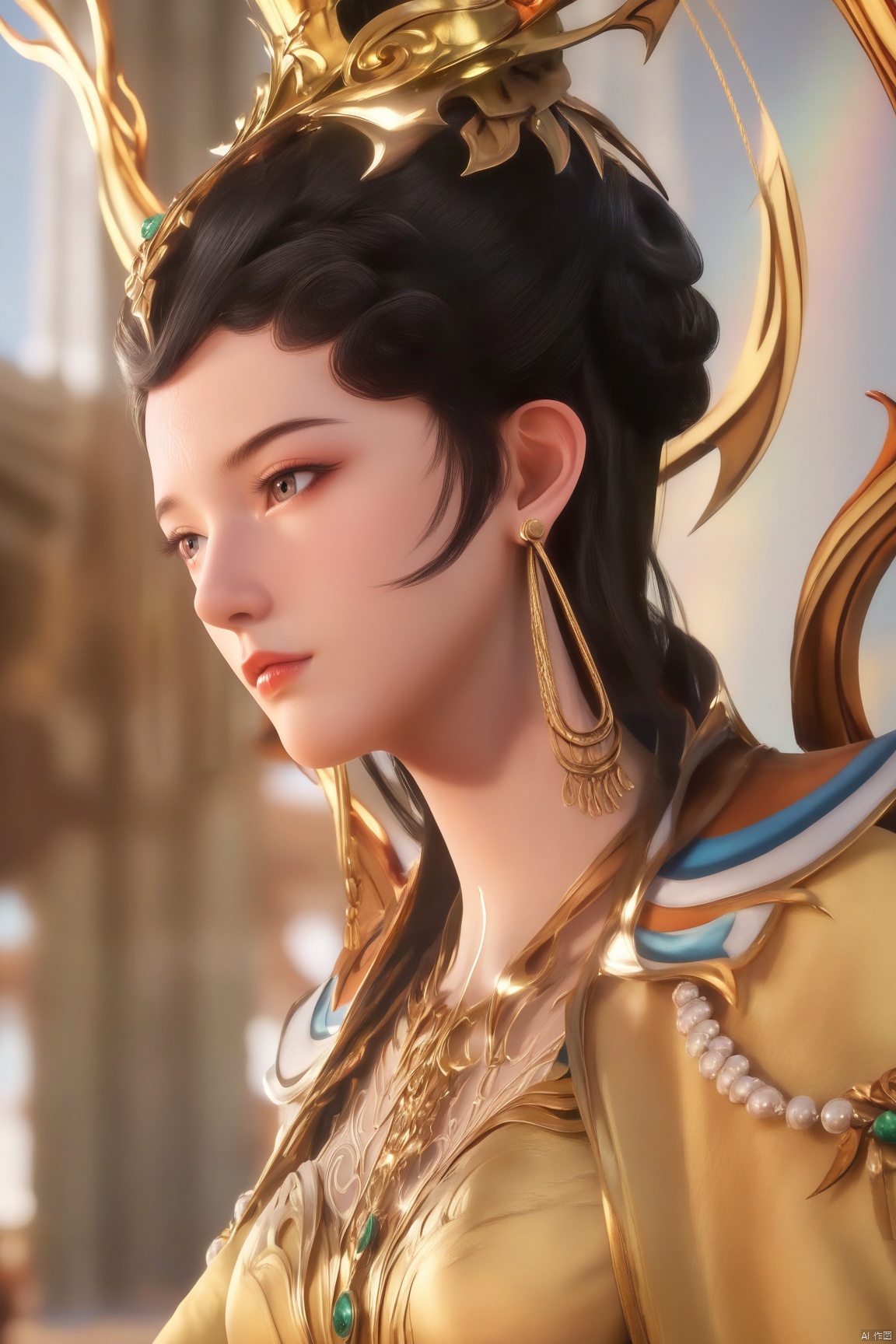 score_9_up,score_8_up,score_7_up,(Masterpiece, Best Quality, Photorealistic, High Resolution, 8K Raw), 
1girl, solo, black hair, hair ornament, dress, jewelry, upper body, earrings, pillar, column