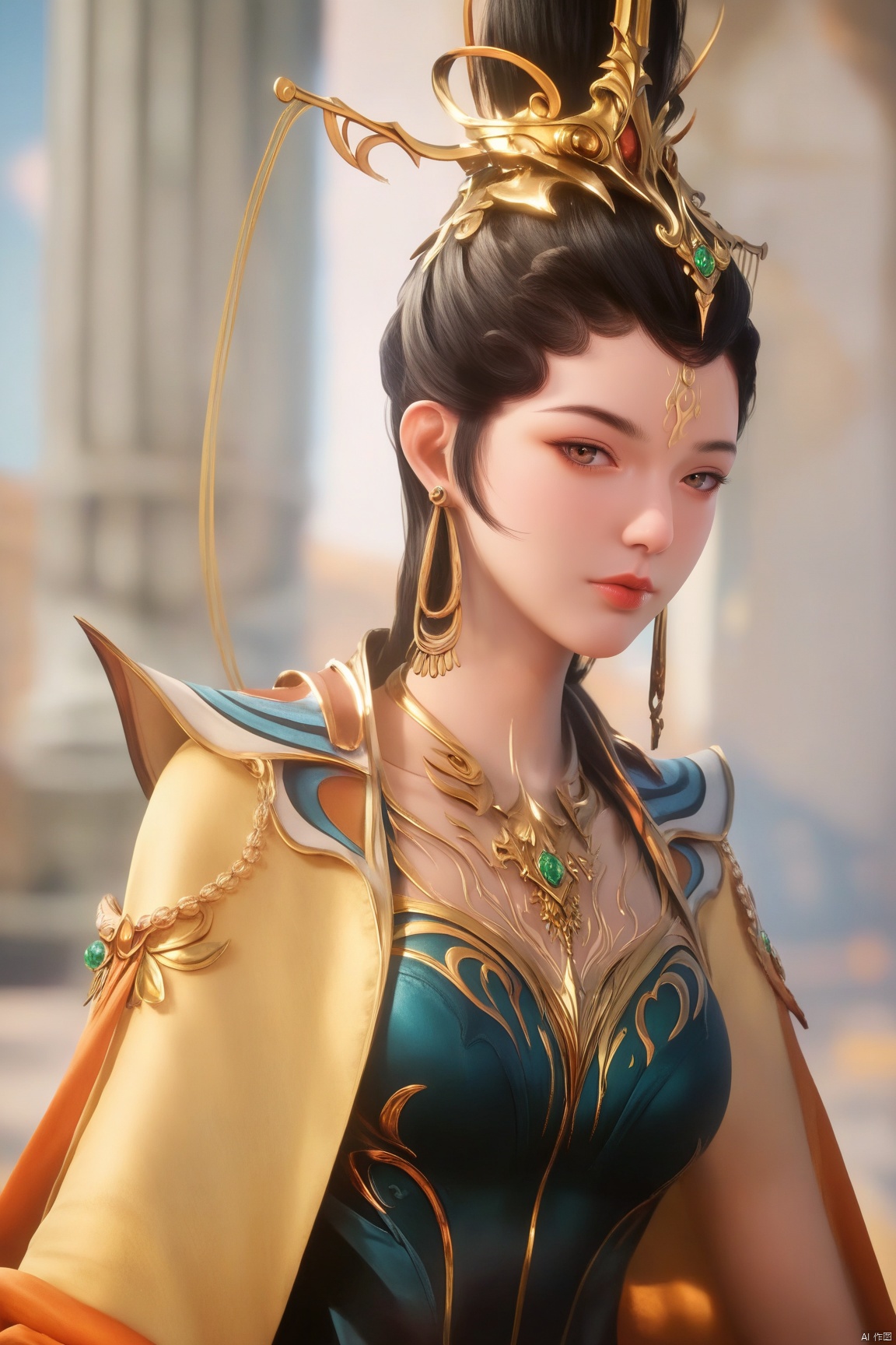 score_9_up,score_8_up,score_7_up,(Masterpiece, Best Quality, Photorealistic, High Resolution, 8K Raw), 
1girl, solo, black hair, hair ornament, dress, jewelry, looking at viewer, upper body, earrings, pillar, column