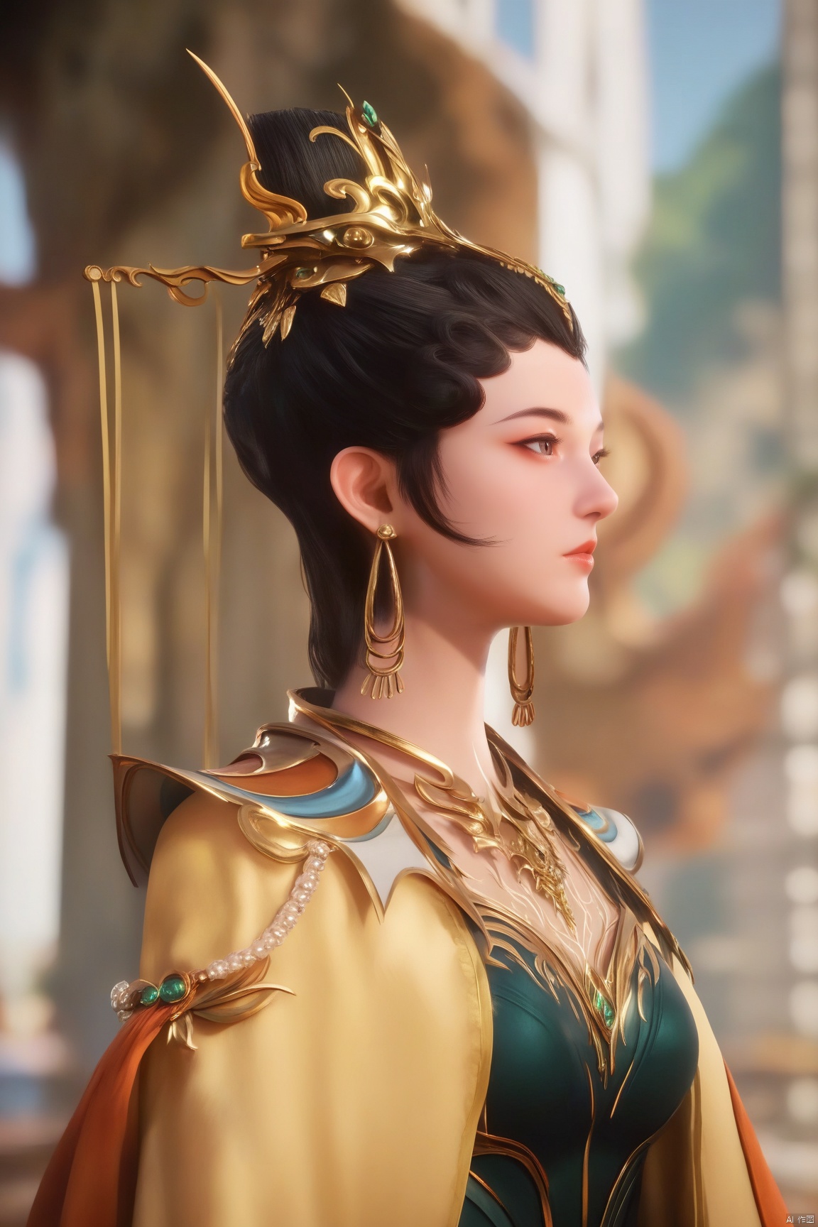 score_9_up,score_8_up,score_7_up,(Masterpiece, Best Quality, Photorealistic, High Resolution, 8K Raw), 
1girl, solo, black hair, hair ornament, dress, jewelry, upper body, earrings, pillar, column