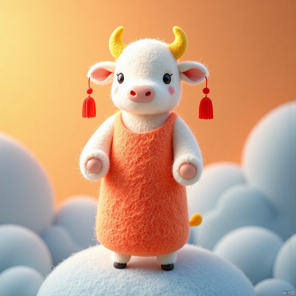 shanshuiflux, cattle, masterpiece, best quality, wool felt, gradient background, Happy label, cute, wool material, The gods in Chinese mythology are in heaven,