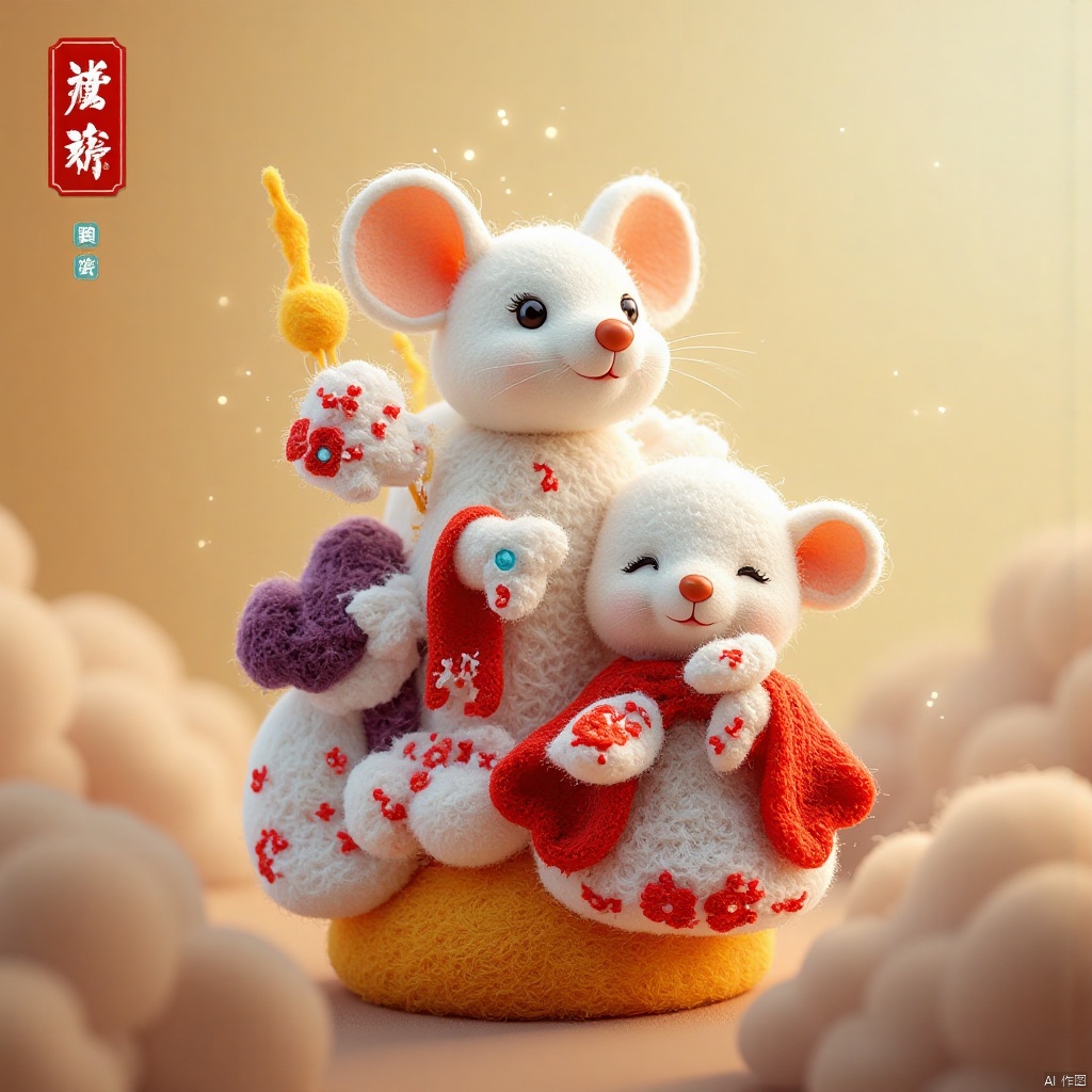 shanshuiflux, mouse, masterpiece, best quality, wool felt, gradient background, Happy label, cute, wool material, The gods in Chinese mythology are in heaven,
