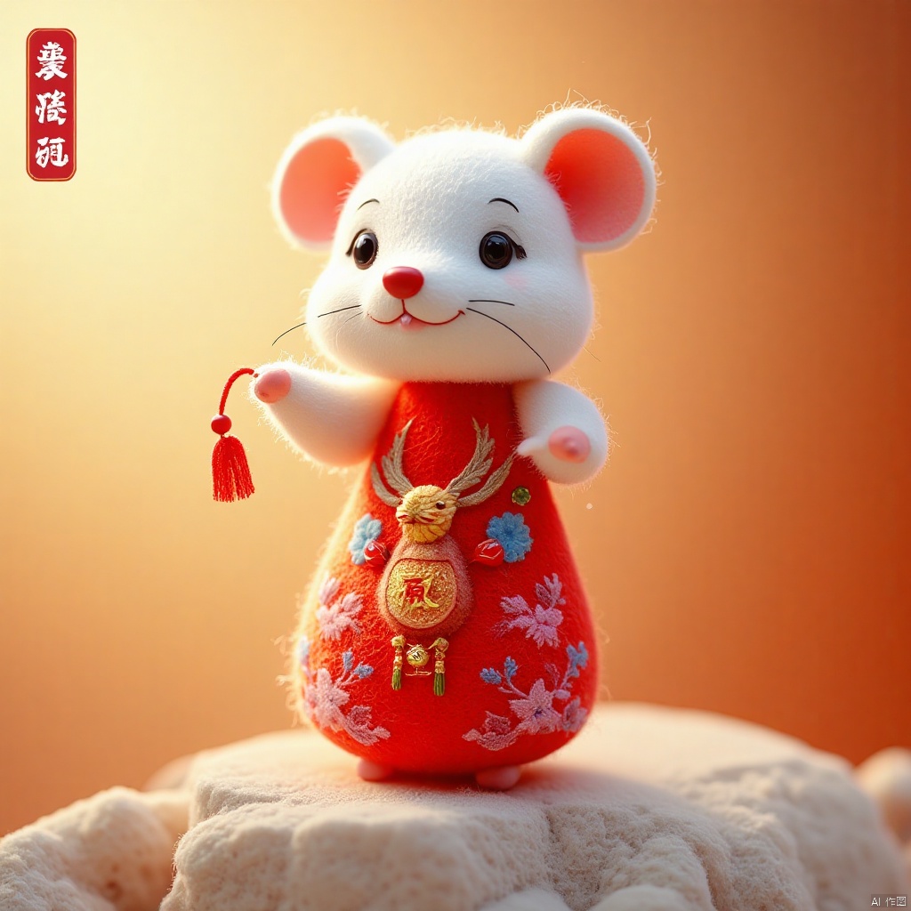 shanshuiflux, mouse, masterpiece, best quality, wool felt, gradient background, Happy label, cute, wool material, The gods in Chinese mythology are in heaven,