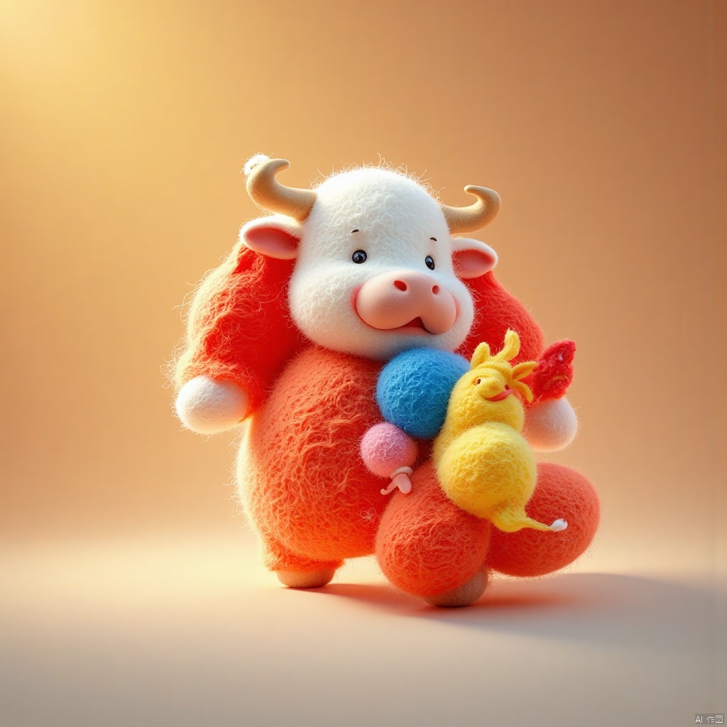 shanshuiflux, cattle, masterpiece, best quality, wool felt, gradient background, Happy label, cute, wool material, The gods in Chinese mythology are in heaven,