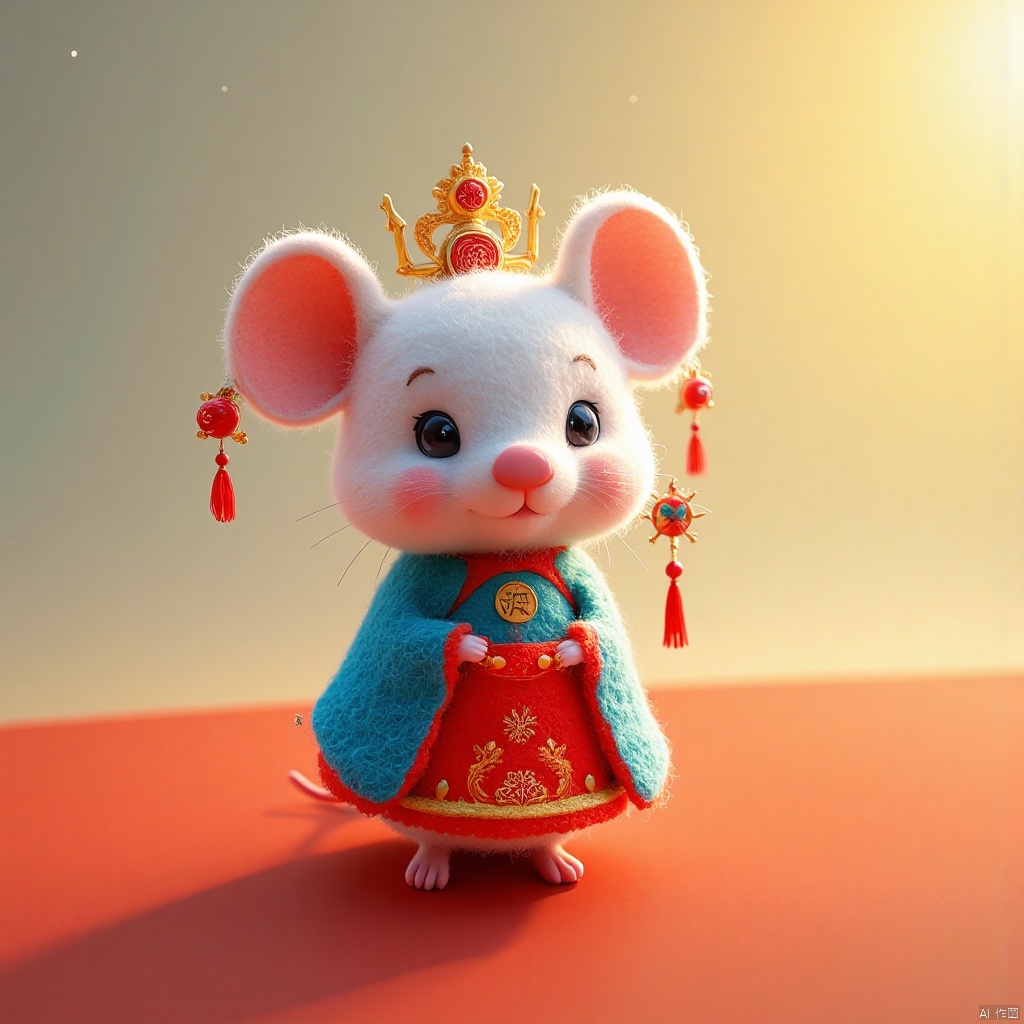 shanshuiflux, mouse, masterpiece, best quality, wool felt, gradient background, Happy label, cute, wool material, The gods in Chinese mythology are in heaven,