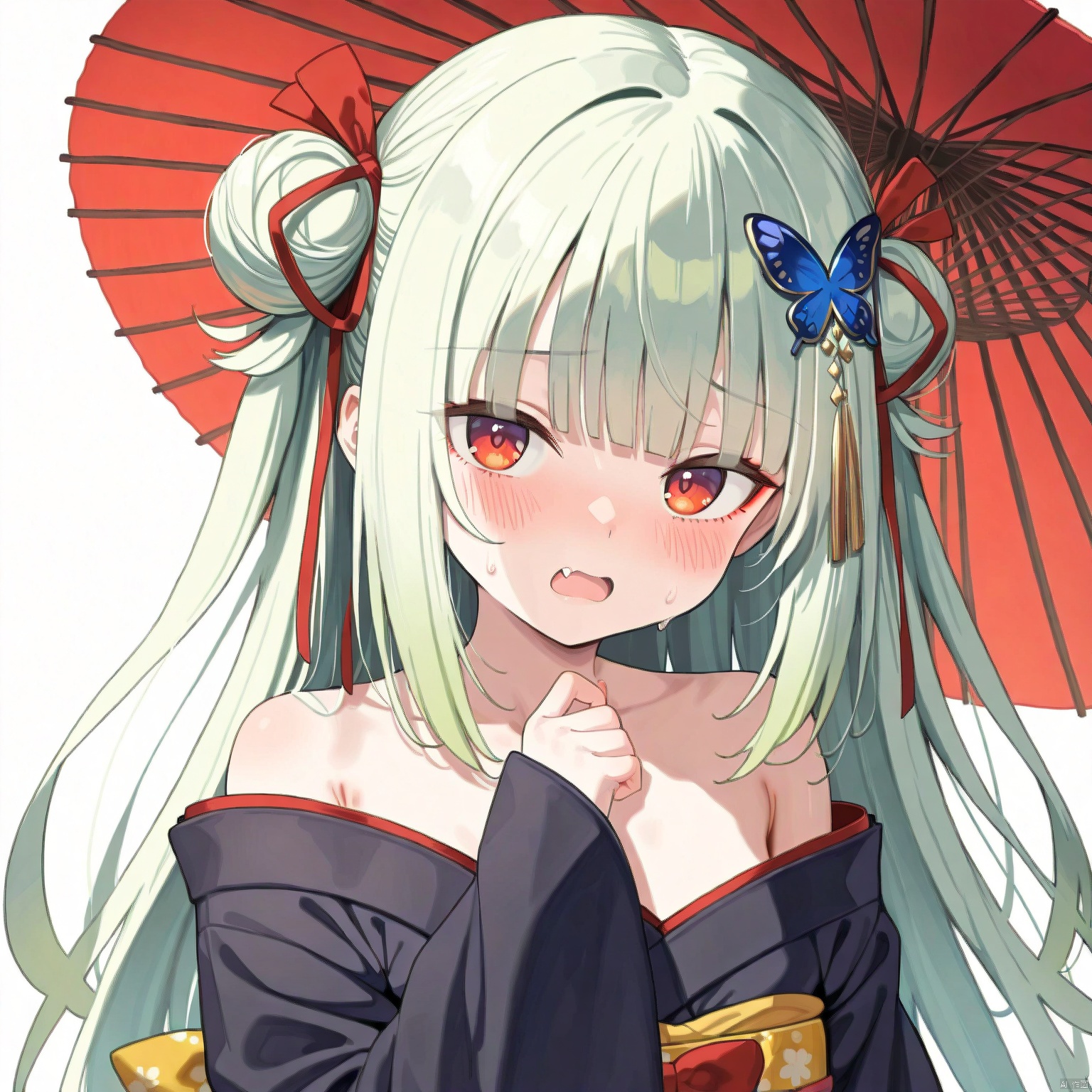 1girl, solo, hair ornament, red eyes, long hair, japanese clothes, butterfly hair ornament, green hair, looking at viewer, kimono, ribbon, sash, bare shoulders, hair ribbon, open mouth, obi, bangs, black kimono, red ribbon, blush, long sleeves,  off shoulder, two side up, sleeves past wrists, hair bun, fang, blunt bangs, sweatdrop, collarbone, hand up,thigh