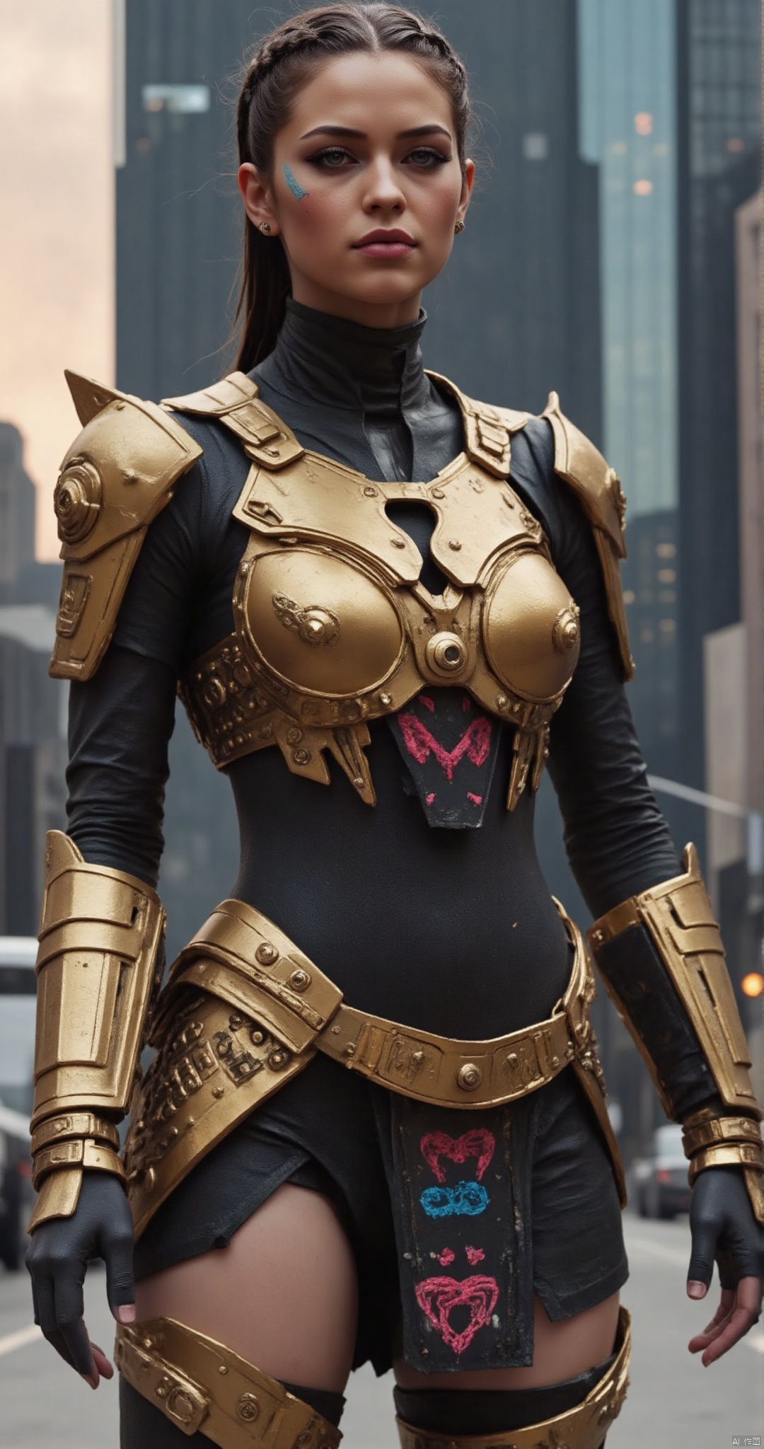 cyber 1girl, skinny, long black hair, cute face, pastel hair, bangle, thick eyebrows, bimbo, cyber black armor dress, full lips, cyber slim ass, large cyber breasts, cyber tits, cyber thighs, Big blue cyber eyes, braid, smile, hearts, cyber butt, city, realistic photo, 
leg raised, leg-split, 
  cyberstnr,CYBERSTNR,,IN THE STYLE OF FF-SSF,