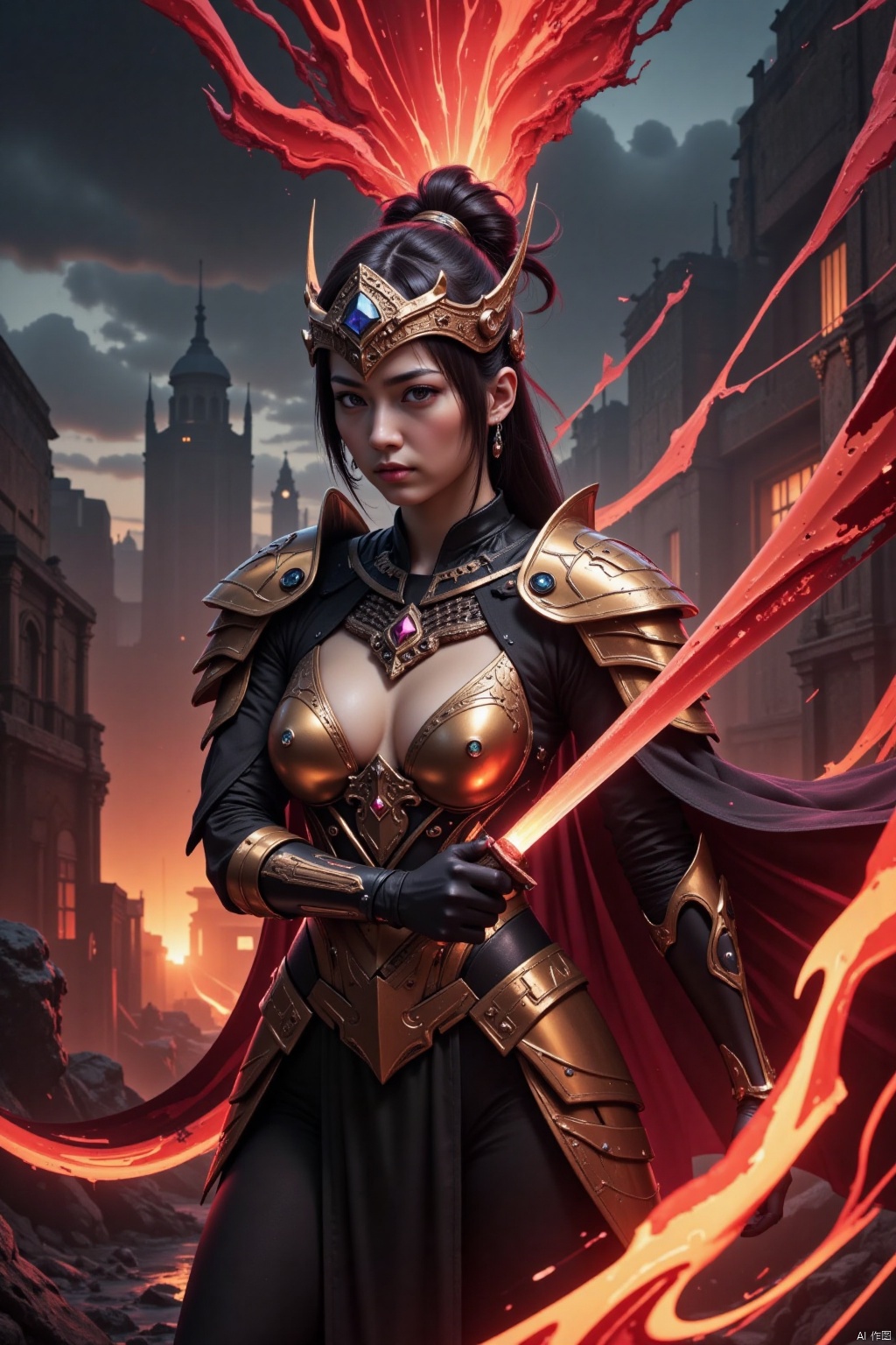 Wearing black and gold armor and holding a knife, he showed her domineering and strength. Her action scenes are usually accompanied by shocking sound effects and visual effects, highlighting her kingliness. Make a powerful flick of the knife, and the knife emerges a huge bright red gas throughout the sky, drawing a red track in the air, just as the sky is counted as a long blood mark.8K, HD,High quality, 8K.intricate details.dlrb,hsw,wet,water,beauty,anhei,large natural breast, taken by Sony Alpha 7R IV, Zeiss Otus 85mm F1.4, ISO 100 Shutter Speed 1/400, Vivid picture, intricate background,xuanhuanfapao,qihuanmopan,hkgod,mohuan,tyz,1girl,CYBERSTNR,