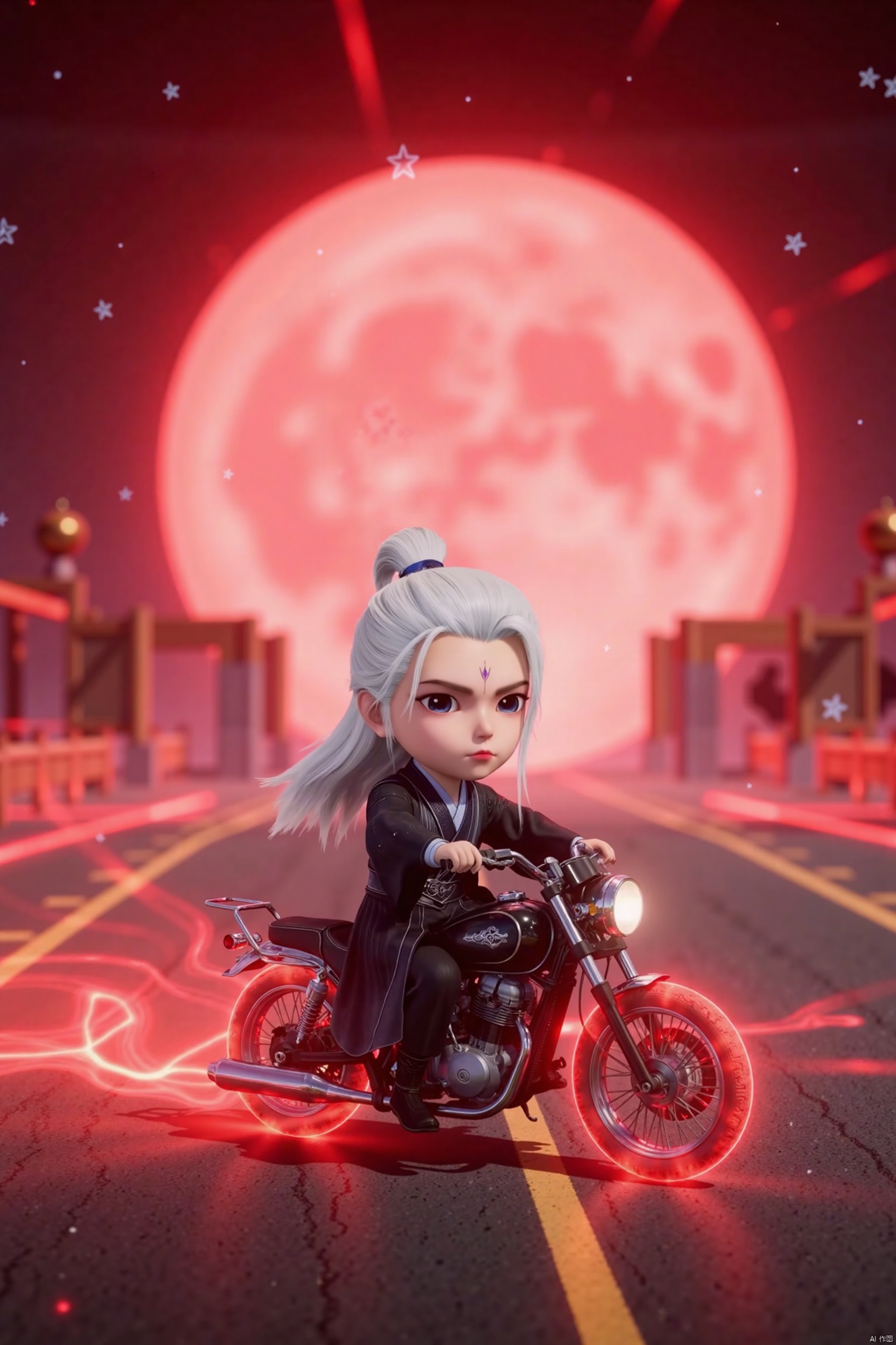 1man, chibi, cute, little boy, high-definition realism, Blue eyes,black robe,Wide sleeves,Sleeve over wrist,Hanfu,Hairpin,belt,solo,Long sleeves,stand,Long hair,whole body,robe,Hanfu,Black cloth shoes,Composition from different angles,wl,white hair,forehead mark,wanglin,The background is the dusk of the setting sun, with a huge sun, Realistic photos, Motion blur, ultra-high quality, psychedelic style, a cute motorcycle driving in the void world, the gas body shines with mysterious red light, surrounded by vast stars and twisted time and space tunnels , the red light interweaves, the composition is fantastic and mysterious, creating an ethereal and fantastic atmosphere