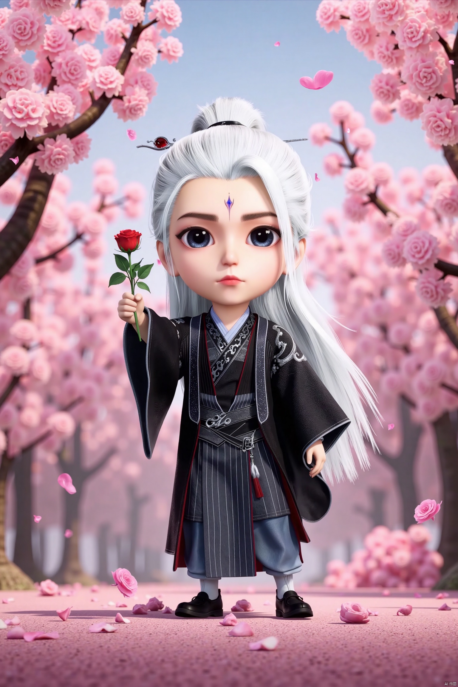 1man, chibi, cute, little boy, high-definition realism, home, Blue eyes,black robe,Wide sleeves,Sleeve over wrist,Hanfu,Hairpin,belt,indoor,solo,Long sleeves,stand,Long hair,whole body,robe,Hanfu,Black cloth shoes,wl,white hair,forehead mark,wanglin,the boy standing in a blossoming rose bush,holding a bright rose,beep mouth and smart eyes. surrounded by rose petals,The background is filled with a dreamy atmosphere of love.  