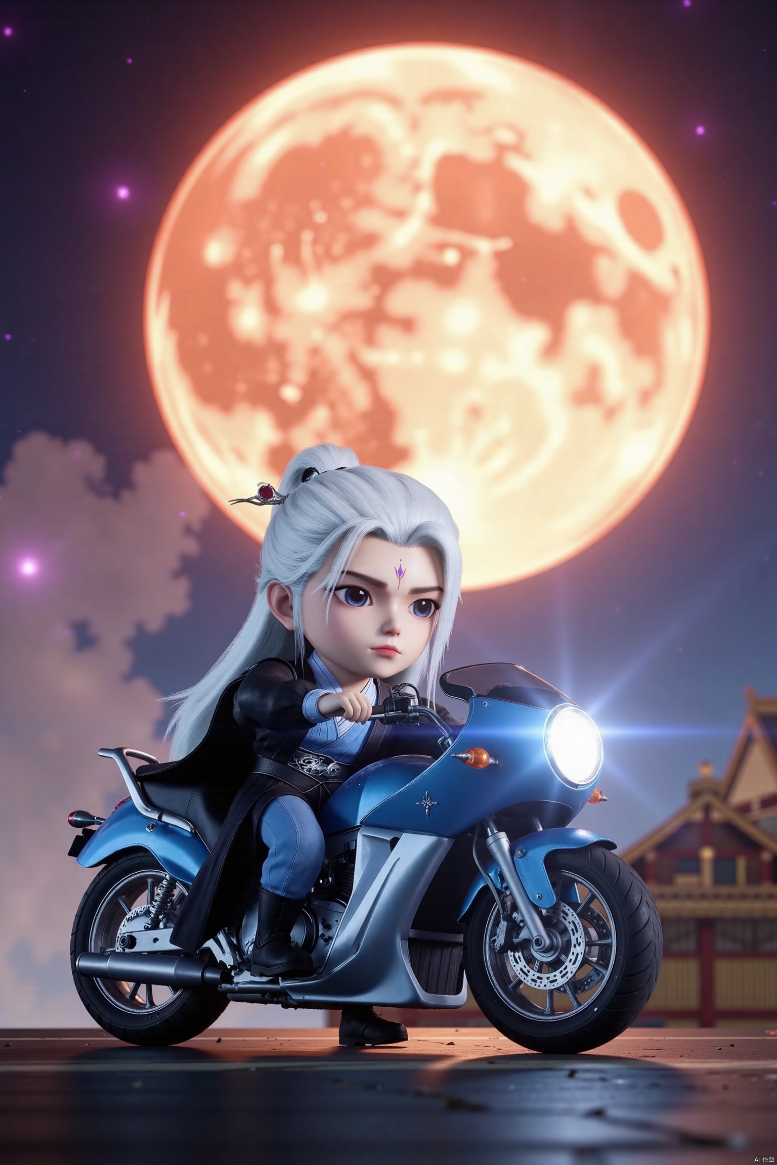 1man, chibi, cute, little boy, high-definition realism, Blue eyes,black robe,Wide sleeves,Sleeve over wrist,Hanfu,Hairpin,belt,solo,Long sleeves,stand,Long hair,whole body,robe,Hanfu,Black cloth shoes,Composition from different angles,wl,white hair,forehead mark,wanglin,The background is the dusk of the setting sun, with a huge sun, Realistic photos, Motion blur, ultra-high quality, psychedelic style, a cute motorcycle driving in the void world, the driver is the girl in blue dress with glasses, the gas body shines with mysterious light, surrounded by vast stars and twisted time and space tunnels , the cold light interweaves, the composition is fantastic and mysterious, creating an ethereal and fantastic atmosphere