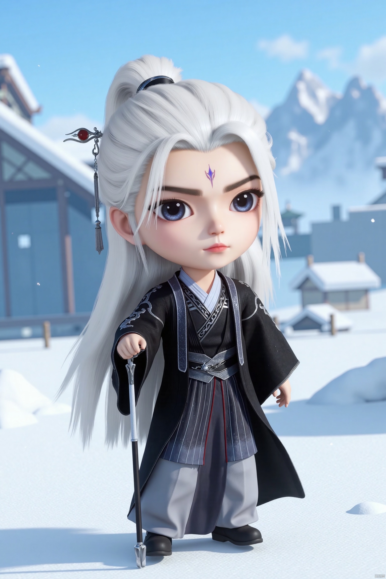 1man, chibi, cute, little boy, high-definition realism, Blue eyes,black robe,Wide sleeves,Sleeve over wrist,Hanfu,Hairpin,belt,indoor,solo,Long sleeves,stand,Long hair,whole body,robe,Hanfu,Black cloth shoes,Composition from different angles,wl,white hair,forehead mark,wanglin,Realistic photos, long flowing hair, fair skin, long legs, high heels, (skiing), (large amount of flying snow), snow mountain background,
