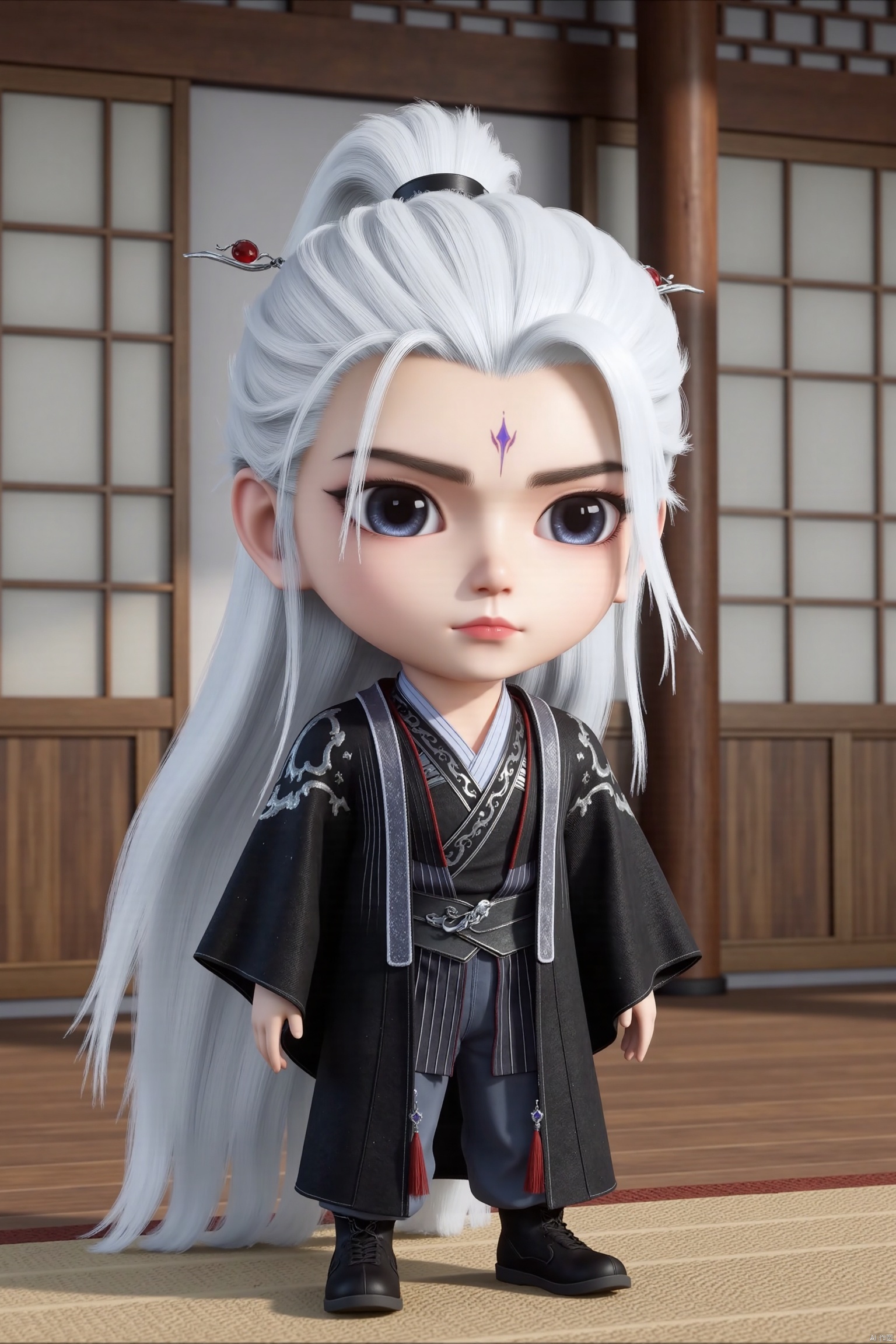 1man, chibi, cute, little boy, high-definition realism, home, Blue eyes,black robe,Wide sleeves,Sleeve over wrist,Hanfu,Hairpin,belt,indoor,solo,Long sleeves,stand,Long hair,whole body,robe,Hanfu,Black cloth shoes,Composition from different angles,wl,white hair,forehead mark,wanglin,the character table of the nine boys, full body shots,
