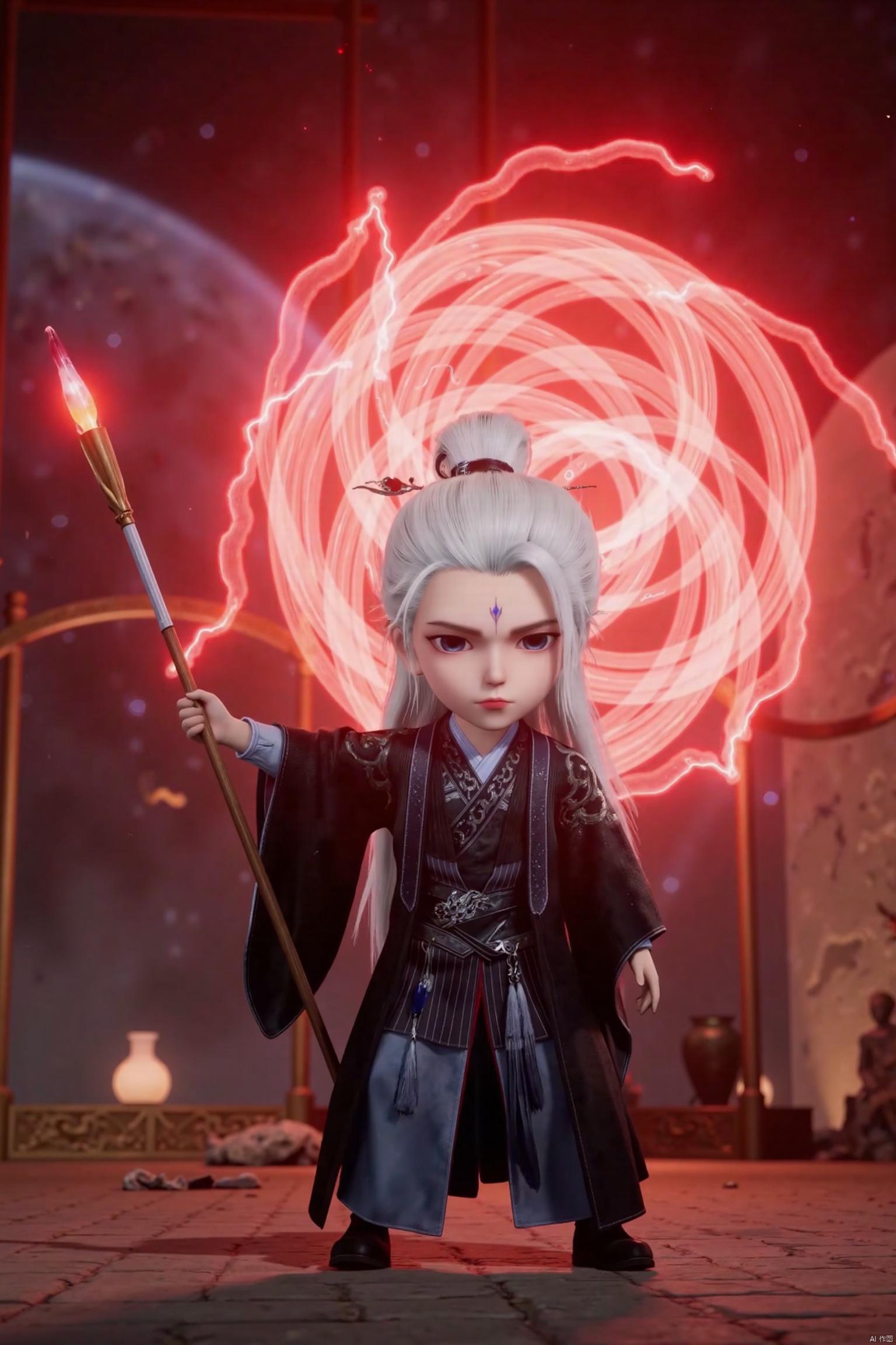 1man, chibi, cute, little boy, high-definition realism, Blue eyes,black robe,Wide sleeves,Sleeve over wrist,Hanfu,Hairpin,belt,indoor,solo,Long sleeves,stand,Long hair,whole body,robe,Hanfu,Black cloth shoes,Composition from different angles,wl,white hair,forehead mark,wanglin,airflow whirlwind. Realistic visual effects.
holding a glowing spear, the airflow rolls up Red Lightning to form a vortex, and the background is A cosmic planet. Movie special effects.