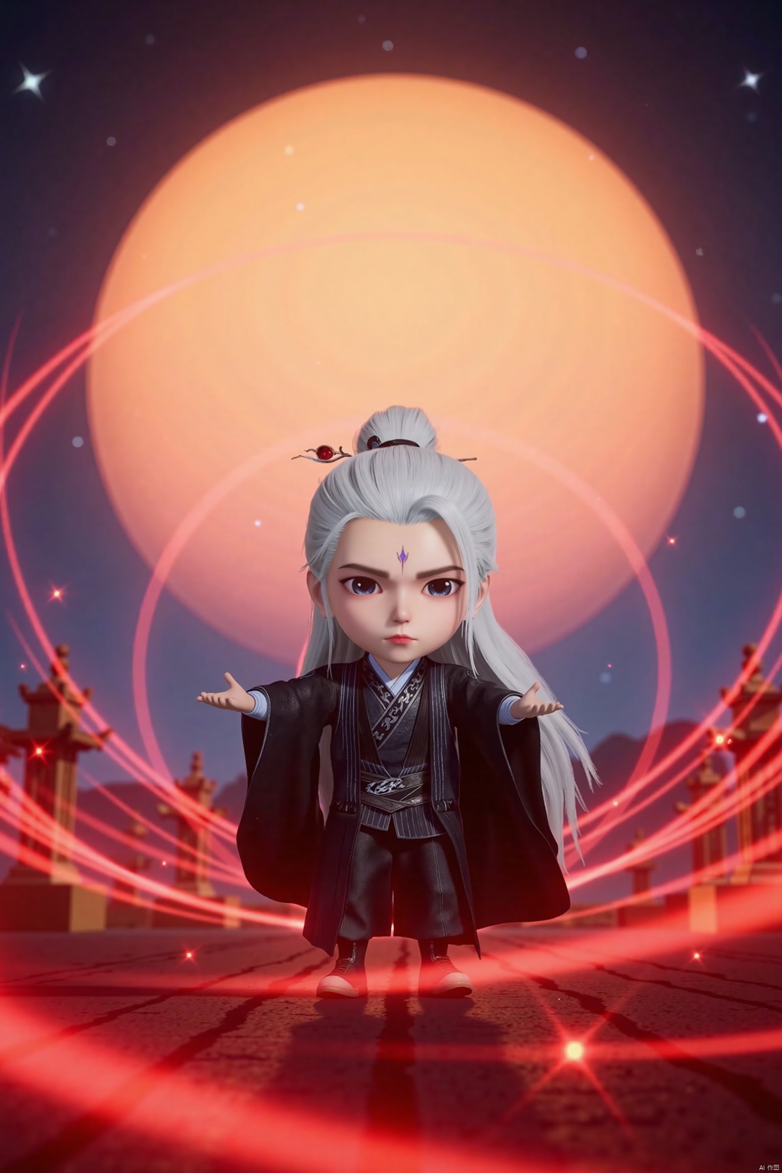 1man, chibi, cute, little boy, high-definition realism, Blue eyes,black robe,Wide sleeves,Sleeve over wrist,Hanfu,Hairpin,belt,solo,Long sleeves,stand,Long hair,whole body,robe,Hanfu,Black cloth shoes,Composition from different angles,wl,white hair,forehead mark,wanglin,The background is the dusk of the setting sun, with a huge sun, Realistic photos, Motion blur, ultra-high quality, psychedelic style, a cute motorcycle driving in the void world, the gas body shines with mysterious red light, surrounded by vast stars and twisted time and space tunnels , the red light interweaves, the composition is fantastic and mysterious, creating an ethereal and fantastic atmosphere
