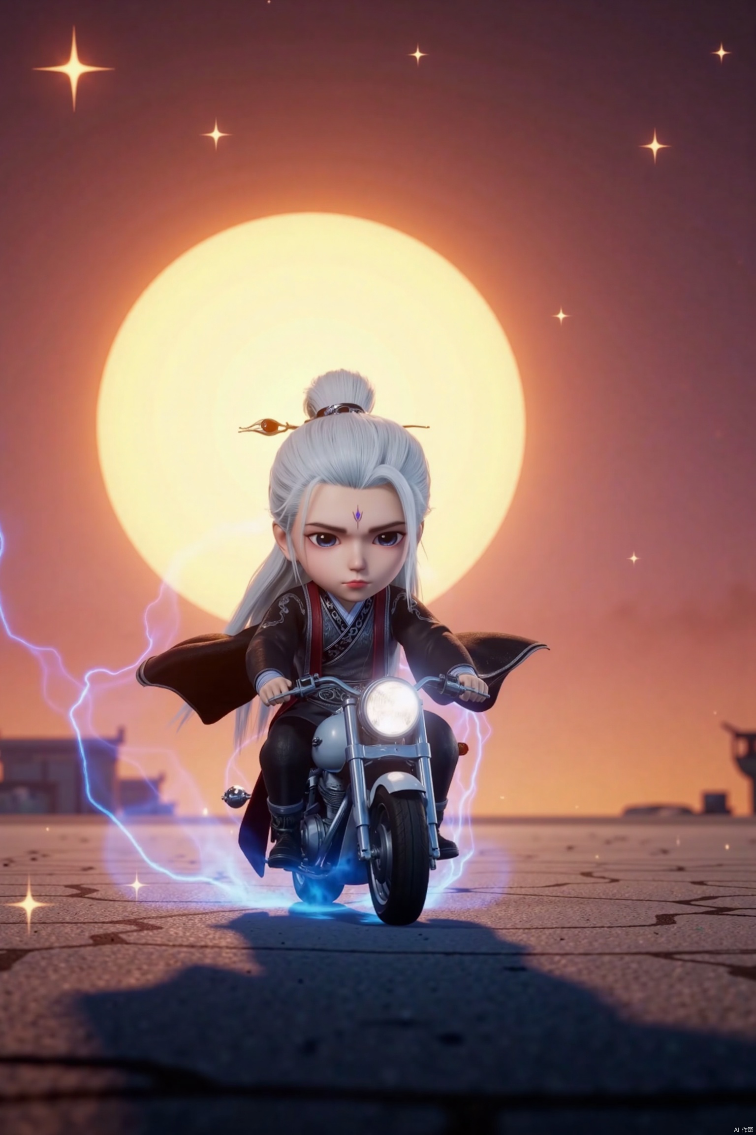 1man, chibi, cute, little boy, high-definition realism, Blue eyes,black robe,Wide sleeves,Sleeve over wrist,Hanfu,Hairpin,belt,solo,Long sleeves,stand,Long hair,whole body,robe,Hanfu,Black cloth shoes,Composition from different angles,wl,white hair,forehead mark,wanglin,The background is the dusk of the setting sun, with a huge sun, Realistic photos, Motion blur, ultra-high quality, psychedelic style, a cute motorcycle driving in the void world, the gas body shines with mysterious light, surrounded by vast stars and twisted time and space tunnels , the cold light interweaves, the composition is fantastic and mysterious, creating an ethereal and fantastic atmosphere