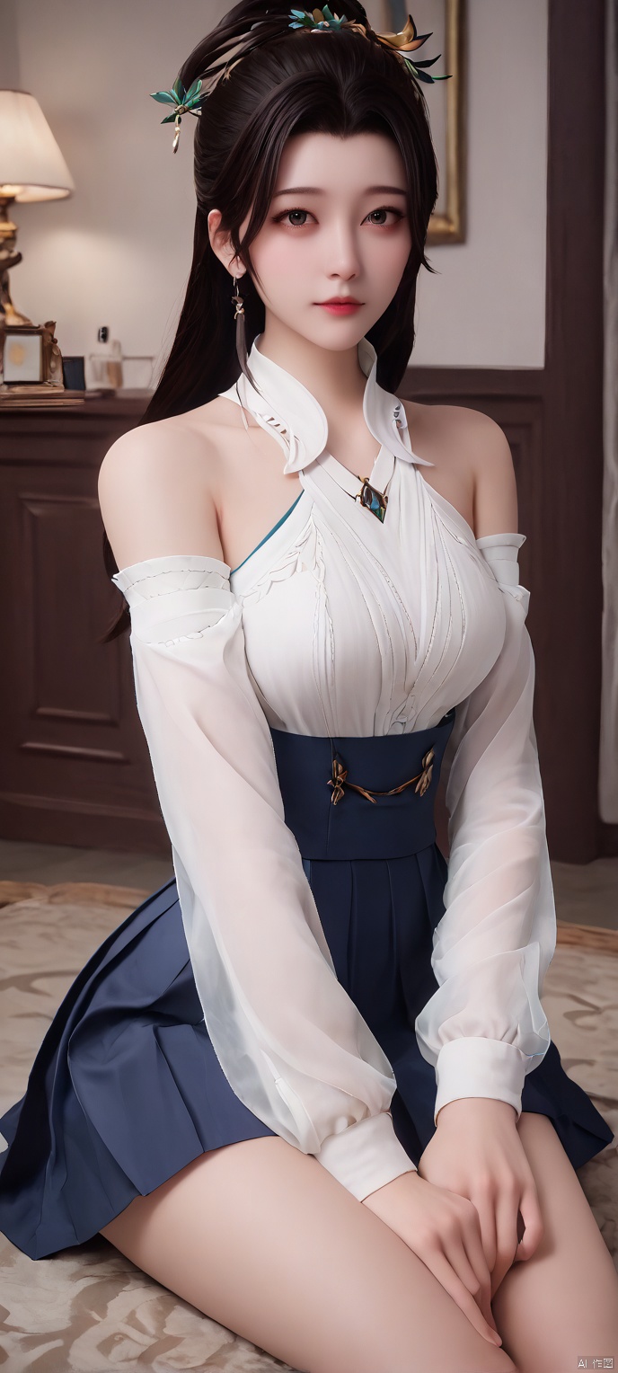 score_9,score_8,(high definition, Best quality, masterpiece, 4K, exquisite skin), 1girl, solo, looking at viewer, room, bare shoulders, white sweater, pleated skirt, sitting,
