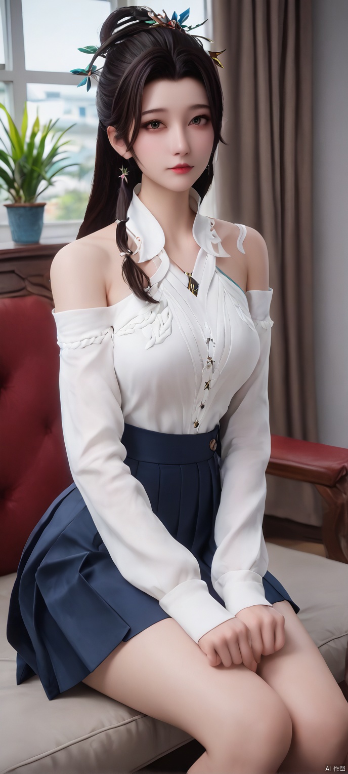 score_9,score_8,(high definition, Best quality, masterpiece, 4K, exquisite skin), 1girl, solo, looking at viewer, room, white bare shoulders, sweater, pleated skirt, sitting,
