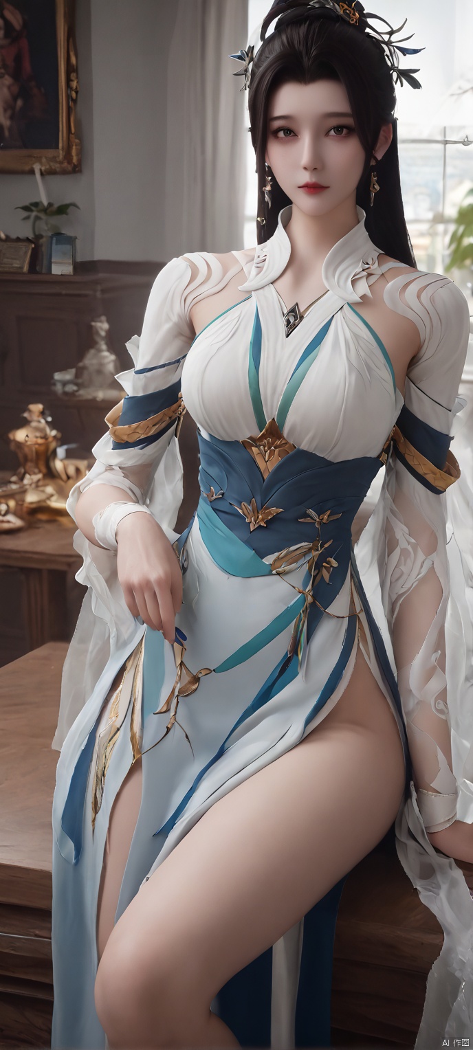 score_9,score_8,(high definition, Best quality, masterpiece, 4K, exquisite skin), 1girl, solo, breasts, looking at viewer, room, side slit, sitting