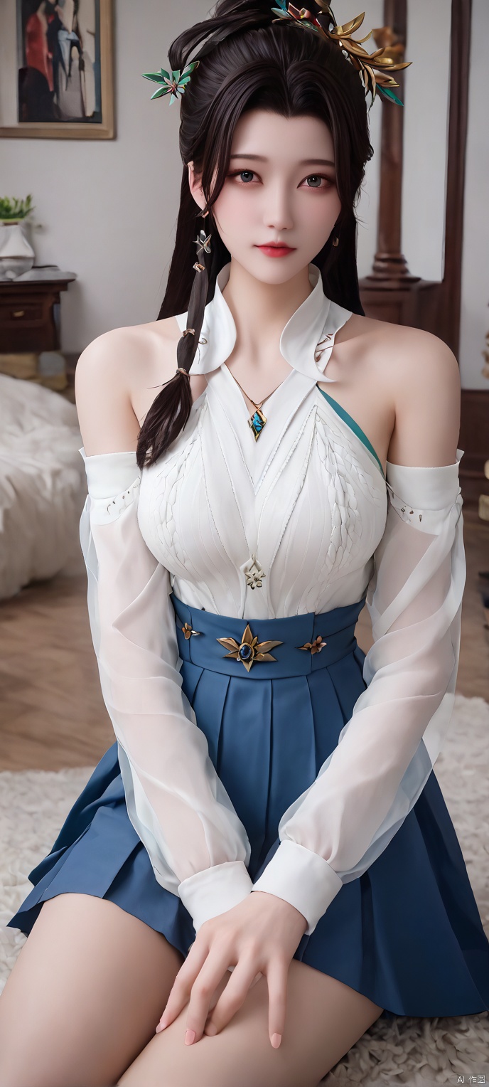 score_9,score_8,(high definition, Best quality, masterpiece, 4K, exquisite skin), 1girl, solo, looking at viewer, room, bare shoulders, white sweater, pleated skirt, sitting,