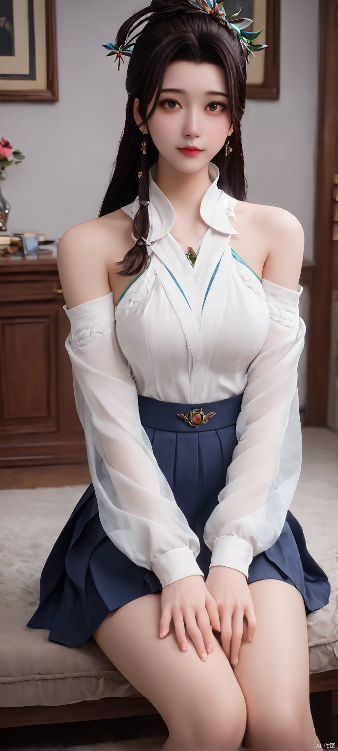 score_9,score_8,(high definition, Best quality, masterpiece, 4K, exquisite skin), 1girl, solo, looking at viewer, room, white bare shoulders, sweater, pleated skirt, sitting,