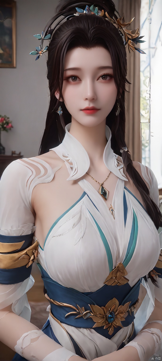 score_9,score_8,(high definition, Best quality, masterpiece, 4K, exquisite skin), 1girl, solo, breasts, looking at viewer, room, upper_body