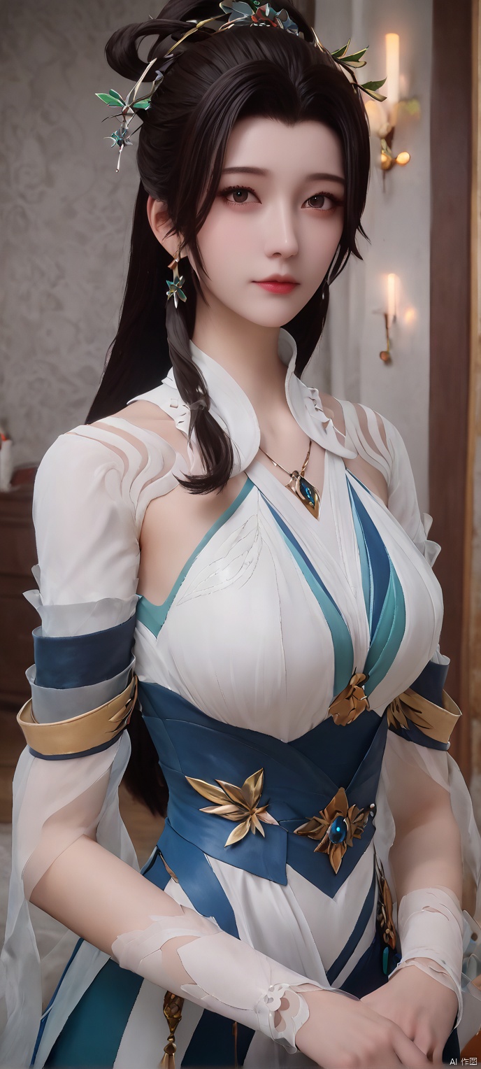 score_9,score_8,(high definition, Best quality, masterpiece, 4K, exquisite skin), 1girl, solo, breasts, looking at viewer, room, upper_body