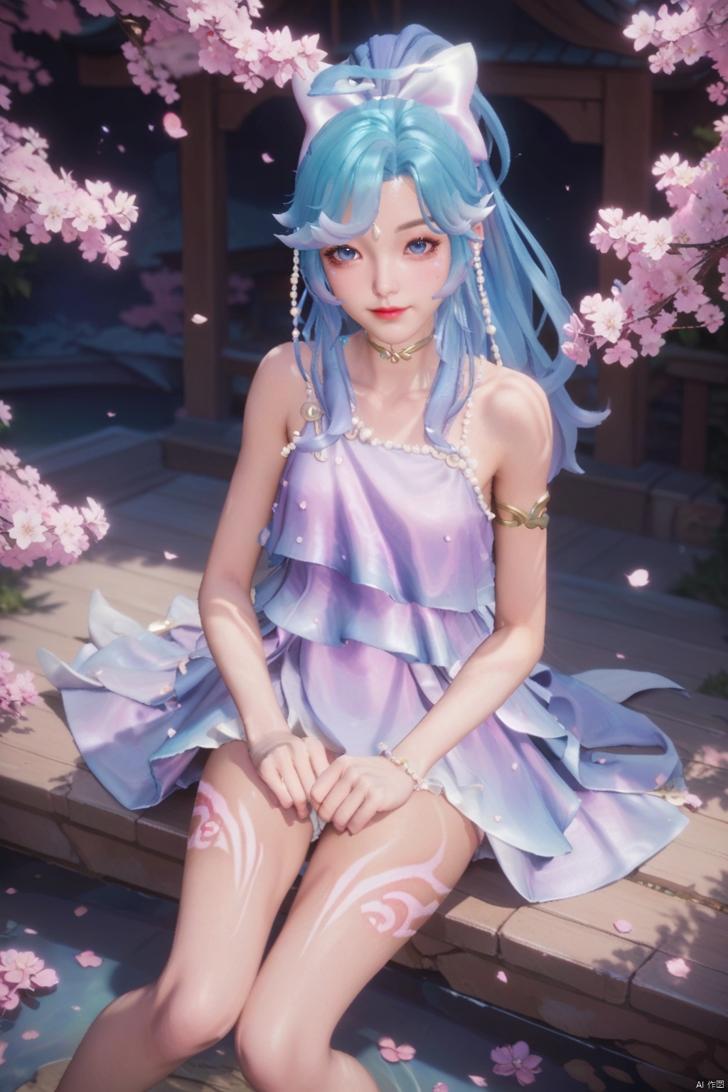 score_9,score_8_up,score_7_up,1girl,solo,long hair,looking at viewer,jewelry,bangs,blue eyes,dress,bow,blue hair,collarbone,ponytail,hair bow,multicolored hair,white bow,armlet,cherry blossoms,legs,(legs tattoo:1.2),Thin legs,holding underwear,smile,wariza,from above,fetal position