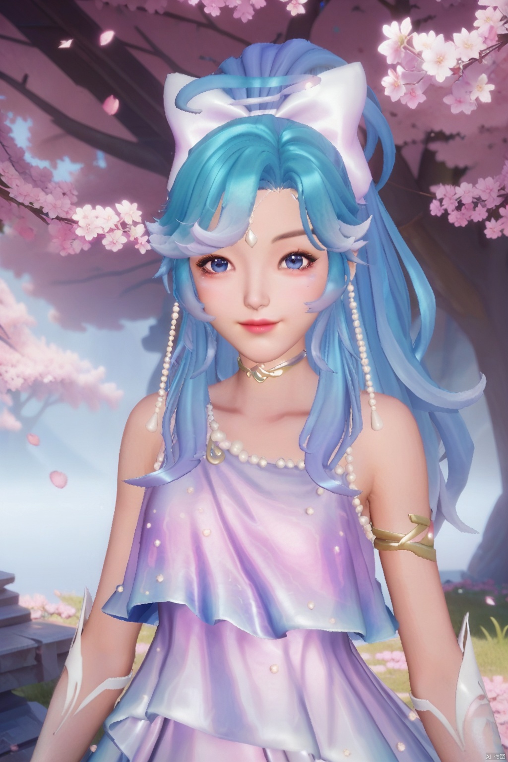 masterpiece, best quality, masterpiece,best quality,official art,extremely detailed CG unity 8k wallpaper,1girl,solo,long hair,looking at viewer,jewelry,smile,bangs,blue eyes,dress,bow,blue hair,collarbone,upper body,ponytail,hair bow,multicolored hair,white bow,armlet,cherry blossoms