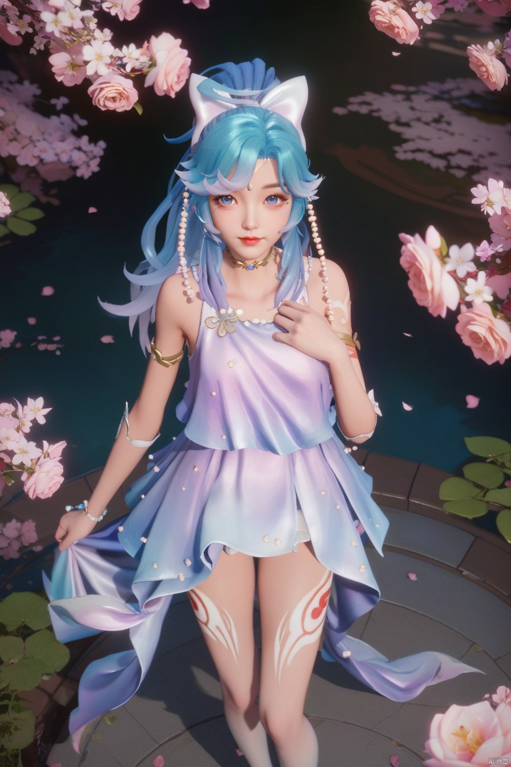 score_9,score_8_up,score_7_up,1girl,solo,long hair,looking at viewer,jewelry,bangs,blue eyes,dress,bow,blue hair,collarbone,ponytail,hair bow,multicolored hair,white bow,armlet,cherry blossoms,legs,(white legs tattoo:1.2),Thin legs,smile,from above,standing,pink rose,red rose,pink flowe,red flower,plant,leaf