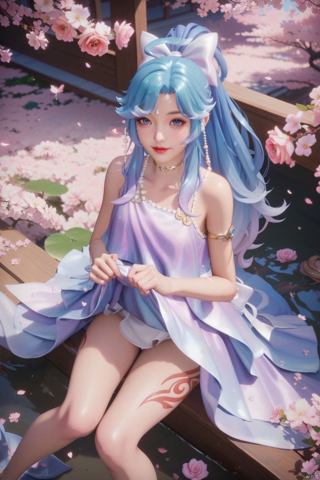 score_9,score_8_up,score_7_up,1girl,solo,long hair,looking at viewer,jewelry,bangs,blue eyes,dress,bow,blue hair,collarbone,ponytail,hair bow,multicolored hair,white bow,armlet,cherry blossoms,legs,(legs tattoo:1.2),Thin legs,holding underwear,smile,from above,fetal position,pink rose,red rose,pink flowe,red flower,plant,leaf