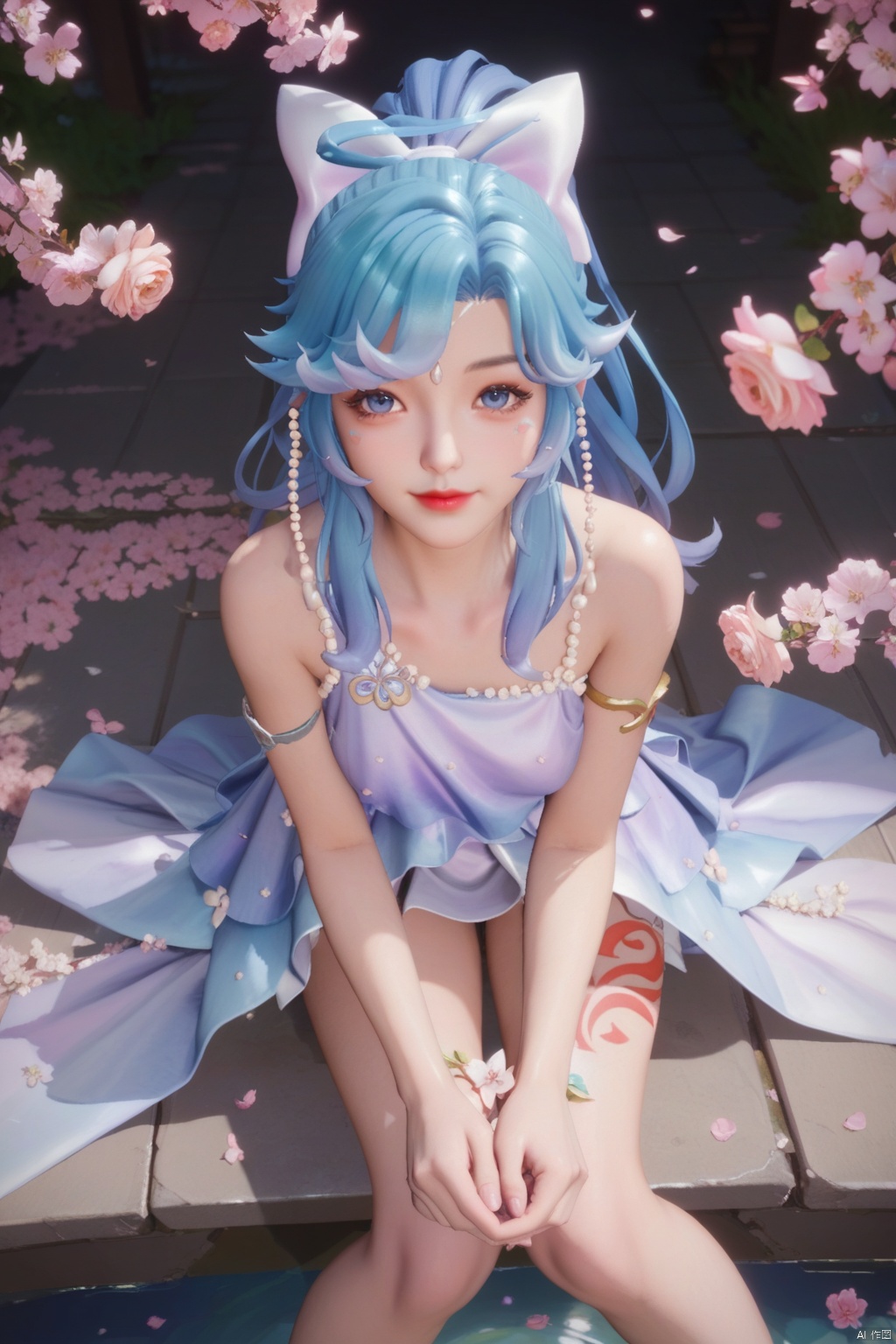 score_9,score_8_up,score_7_up,1girl,solo,long hair,looking at viewer,jewelry,bangs,blue eyes,dress,bow,blue hair,collarbone,ponytail,hair bow,multicolored hair,white bow,armlet,cherry blossoms,legs,(legs tattoo:1.2),Thin legs,holding underwear,smile,from above,fetal position,pink rose,red rose,pink flowe,red flower,plant,leaf