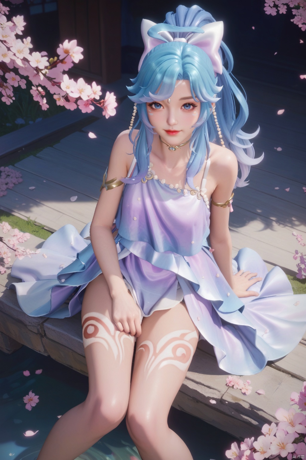 score_9,score_8_up,score_7_up,1girl,solo,long hair,looking at viewer,jewelry,bangs,blue eyes,dress,bow,blue hair,collarbone,ponytail,hair bow,multicolored hair,white bow,armlet,cherry blossoms,legs,(legs tattoo:1.2),Thin legs,holding underwear,smile,from above,fetal position