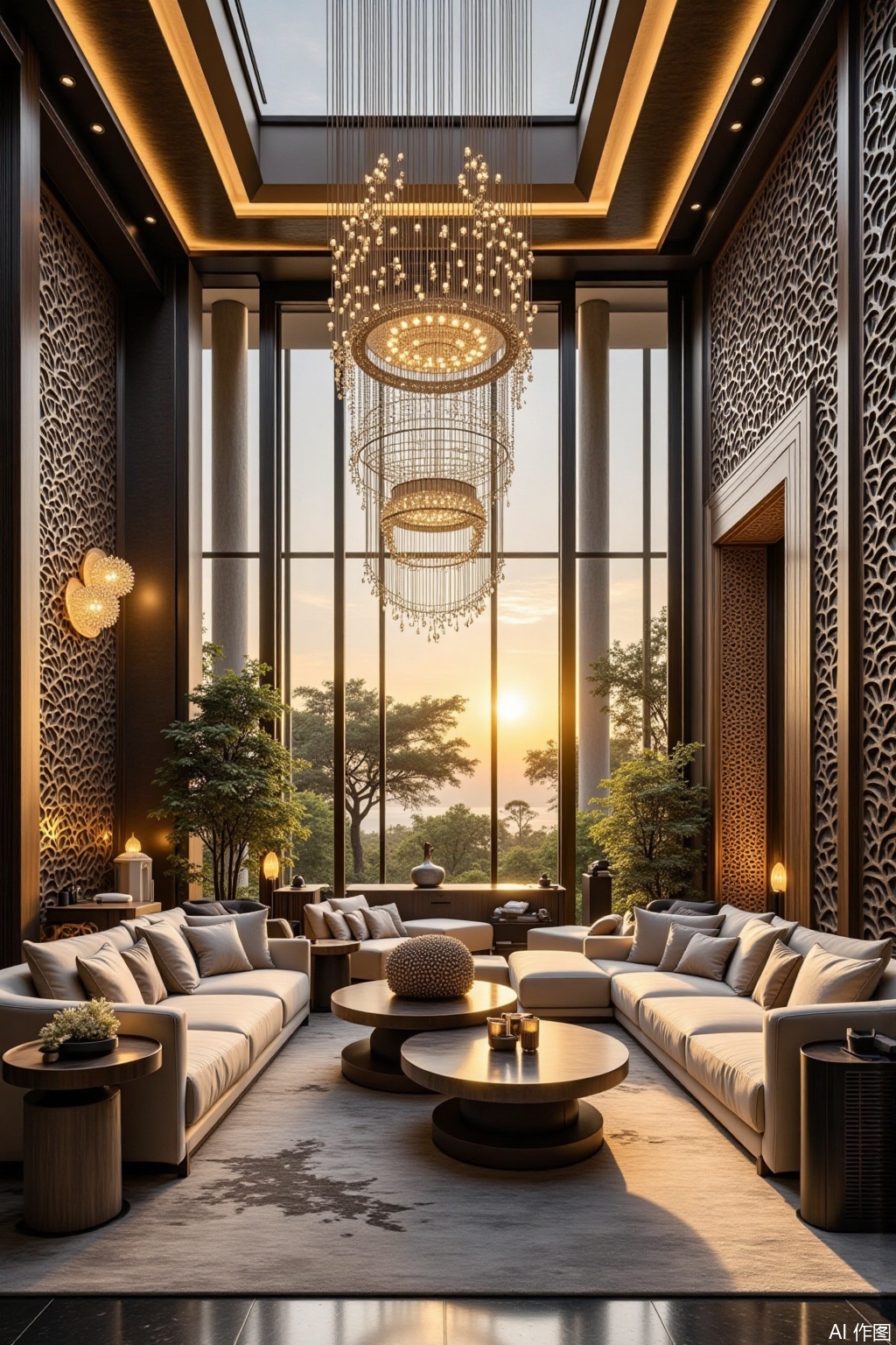 Real photo, villa interior design, large floor-to-ceiling windows, luxurious style