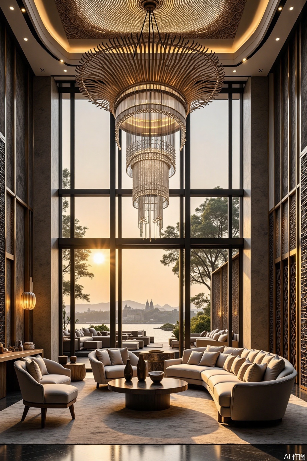 Real photo, villa interior design, large floor-to-ceiling windows, luxurious style