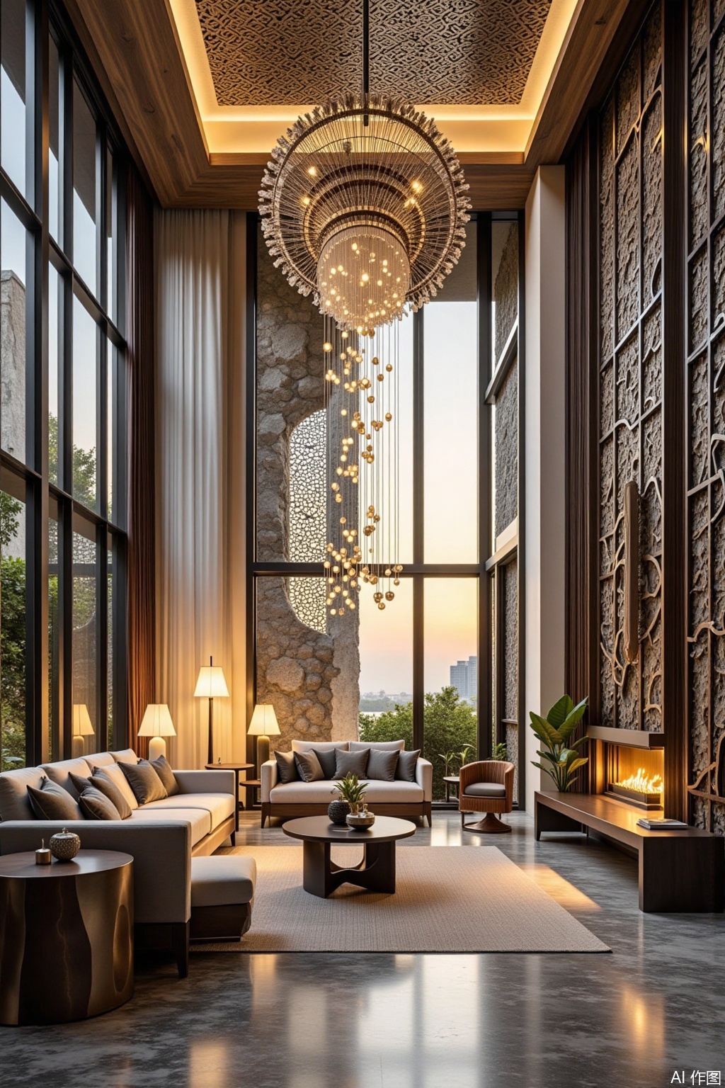 Real photo, villa interior design, large floor-to-ceiling windows, luxurious style