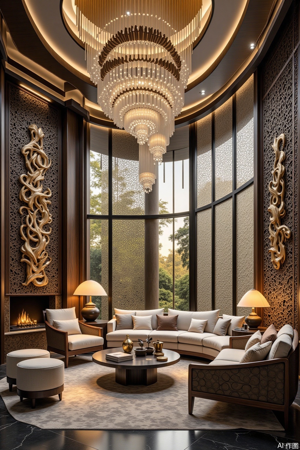 Real photo, villa interior design, large floor-to-ceiling windows, luxurious style