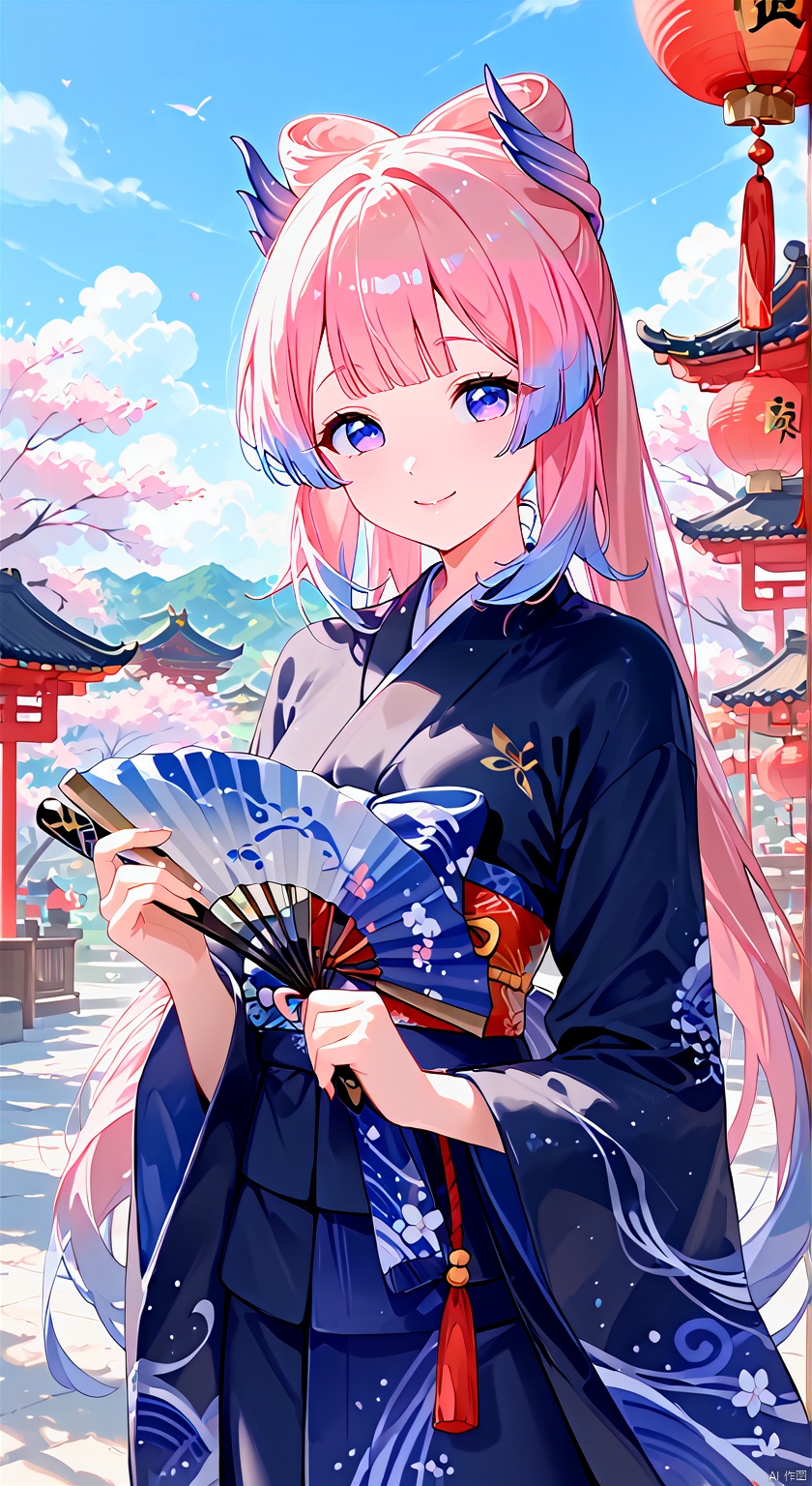1girl, solo, long hair, looking at viewer, smile, bangs, blue eyes, hair ornament, long sleeves, holding, closed mouth, blue hair, purple eyes, upper body, pink hair, flower, multicolored hair, japanese clothes, alternate costume, hair flower, blunt bangs, kimono, hand fan, folding fan, holding fan, bow-shaped hair, sangonomiya kokomi   ,     (master piece:1.2), best quality, highres, painting, paintbrush, Chinese_legends,cover art, Guochao, red_theme, traditional Chinese painting,cute,chinese new year, festival, National tide style, ancient art, Golden luminous contour, bright, festive, highest quality,  (brush Art 1.8), trendy fashion, Hanfu, (chinese artstyle,golden outline), (artist:quasarcake:0.8),