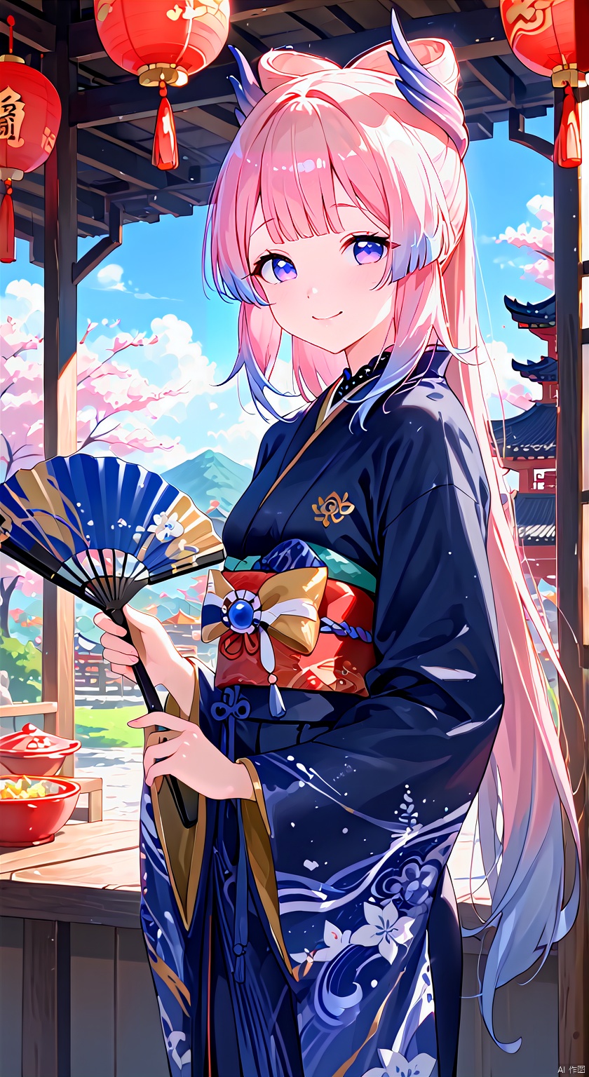 1girl, solo, long hair, looking at viewer, smile, bangs, blue eyes, hair ornament, long sleeves, holding, closed mouth, blue hair, purple eyes, upper body, pink hair, flower, multicolored hair, japanese clothes, alternate costume, hair flower, blunt bangs, kimono, hand fan, folding fan, holding fan, bow-shaped hair, sangonomiya kokomi   ,     (master piece:1.2), best quality, highres, painting, paintbrush, Chinese_legends,cover art, Guochao, red_theme, traditional Chinese painting,cute,chinese new year, festival, National tide style, ancient art, Golden luminous contour, bright, festive, highest quality,  (brush Art 1.8), trendy fashion, Hanfu, (chinese artstyle,golden outline), (artist:quasarcake:0.8),