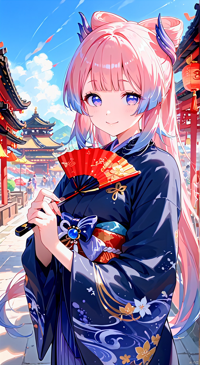 1girl, solo, long hair, looking at viewer, smile, bangs, blue eyes, hair ornament, long sleeves, holding, closed mouth, blue hair, purple eyes, upper body, pink hair, flower, multicolored hair, japanese clothes, alternate costume, hair flower, blunt bangs, kimono, hand fan, folding fan, holding fan, bow-shaped hair, sangonomiya kokomi   ,     (master piece:1.2), best quality, highres, painting, paintbrush, Chinese_legends,cover art, Guochao, red_theme, traditional Chinese painting,cute,chinese new year, festival, National tide style, ancient art, Golden luminous contour, bright, festive, highest quality,  (brush Art 1.8), trendy fashion, Hanfu, (chinese artstyle,golden outline), (artist:quasarcake:0.8),