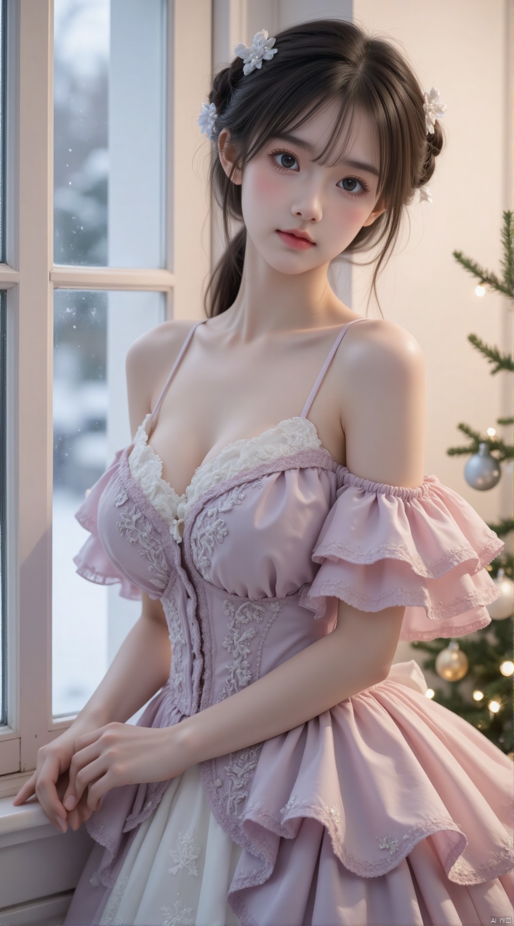 In this impressionistic Christmas portrait, a young woman is gracefully posed in a sumptuous Rococo-inspired gown. The dress is a marvel of intricate design, with layers of delicate lace, elaborate ruffles, and ornate embroidery that seem to tell a story of their own. Its soft pastel hues blend like a dream, reminiscent of Monet's gentle touch in color application - perhaps a blush pink, a muted lavender, and a touch of powder blue, all intermingling to create a sense of ethereal beauty.
 
The background is a hazy, warm glow, as if the soft light of a winter's evening is filtering through a frosted window. There are hints of gold and silver ornaments, glistening like stars, scattered around her, adding a touch of holiday magic. The woman's hair is elegantly styled in a powdered wig, with loose curls framing her face, which wears a serene and almost wistful expression, as if she's caught in a moment of quiet reverie. The overall scene is bathed in a diffused light, blurring the edges of objects slightly, giving it that unmistakable Monet-esque charm, where reality and imagination merge, and every brushstroke - or in this case, every detail - seems to breathe with life and a sense of the romantic and fantastical spirit of Christmas.