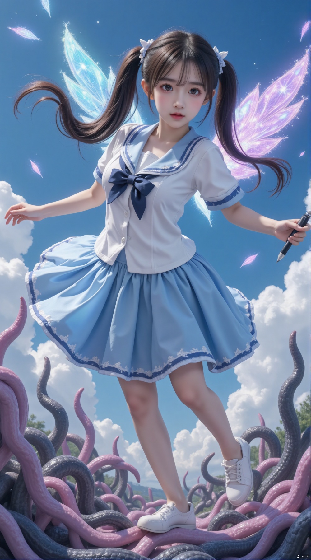 In a vivid and dazzling realm, painted with the vibrant and dreamy brushstrokes emblematic of the bright Impressionist style, a magical girl takes flight, gracefully hovering in the air. She is attired in a unique and enchanting school uniform-style magic outfit that holds both the charm of academia and the allure of the supernatural.
 
Her pleated skirt, a soft shade of sky blue like a clear day's firmament, flutters gently around her thighs. The edges are trimmed with a thin line of silver that glints with a magical shimmer whenever the light catches it, as if tiny stars are embedded within. The crisp white blouse, neatly tucked into the skirt, features a sailor-style collar with a navy-blue ribbon tied into a neat bow at the front. This bow adds a touch of elegance and stands out against the purity of the white fabric.
 
Her long, flowing hair, as dark as a midnight forest, is tied into two ponytails that sway gracefully in the air, as if dancing to an invisible melody. A small, star-shaped hairpin adorns her hair, glowing with a soft, magical radiance. Her face is a picture of determination, with bright, almond-shaped eyes that seem to hold the mysteries of the cosmos and a small, resolute mouth.
 
She wields a wand that looks like an enchanted quill pen, its tip pulsating with a mesmerizing array of iridescent light. With a deft flick of her wrist, she channels her powerful magical energy. Bolts of sparkling magic shoot out from the wand, streaking across the sky like beautiful ribbons of light, painting the surrounding space with a riot of vivid colors that blend and swirl like a living aurora borealis.
 
Below her, a mass of thick, slimy tentacles writhes and lashes out menacingly. These tentacles are a deep, inky black, almost seeming to absorb the light around them. Each tentacle is covered in glistening suckers that pulsate with an otherworldly energy, as if they have a life of their own.
 
Suddenly, one of the tentacles manages to snake its way up towards the magical girl. It wraps around her ankle with a cold, slippery grip, trying to pull her down. She gasps in surprise but quickly regains her composure. Another tentacle shoots out and brushes against her arm, leaving a trail of sticky slime on her sleeve. She shudders at the unpleasant sensation but doesn't let it deter her.
 
The magical girl, unfazed by the tentacles' attempts to restrain her, maneuvers nimbly in the sky, her movements as fluid as a ballet dancer's. She spins and twirls, her skirt billowing out like a blooming cloud. As she moves, she conjures more powerful spells. Some spells manifest as shimmering, translucent shields that form a protective barrier around her, the shields glistening like giant soap bubbles and reflecting the chaotic colors of the battle. Others explode into a shower of glittering shards that rain down upon the tentacles, slicing through them with a sharp, zipping sound and causing the tentacles to recoil.
 
The clash between the magical girl's brilliant magic and the writhing tentacles creates a breathtaking spectacle. The air is filled with the hissing of the tentacles and the crackling of the magic, and the whole scene seems to vibrate with an intense, palpable energy. The bright colors blend and swirl together, as if the very fabric of this fantastical world is being remolded by the forces of their epic battle.