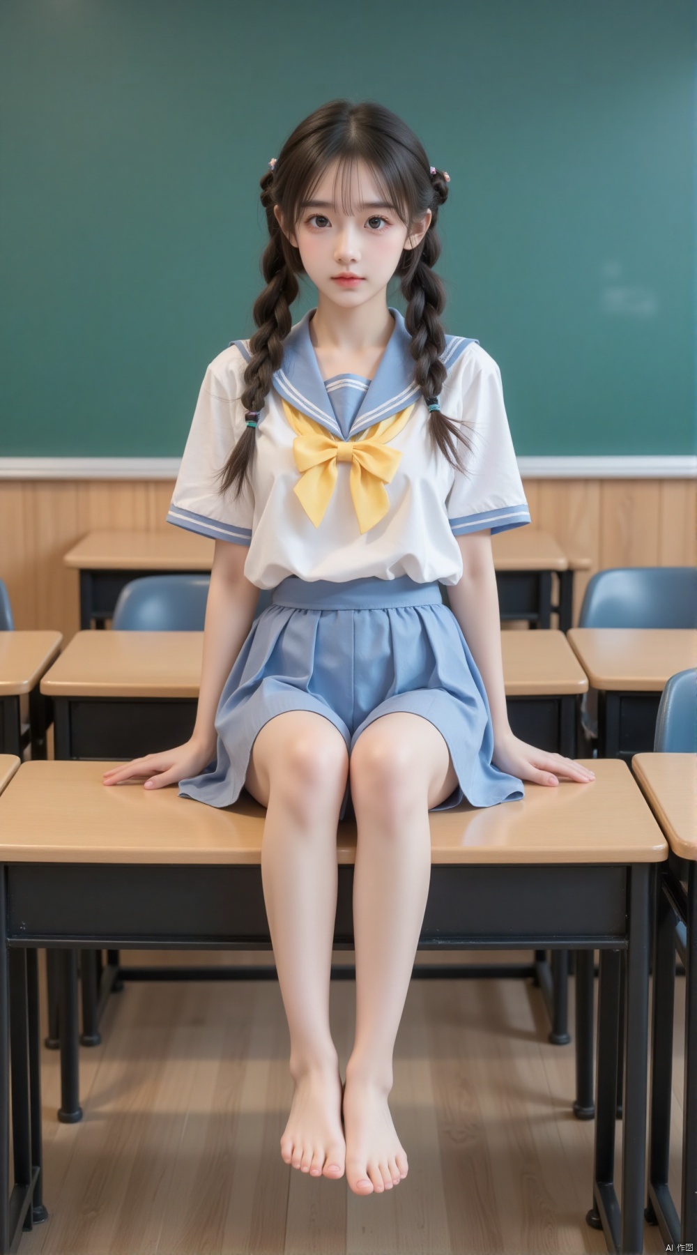 it is a frontal photograph of a yong woman.The woman wearing japanese school uniform  with sailor collor and yellow bow.she is sitting on a large desk in classroom,with her bare feet hanging in the air,bare foot,twin braids