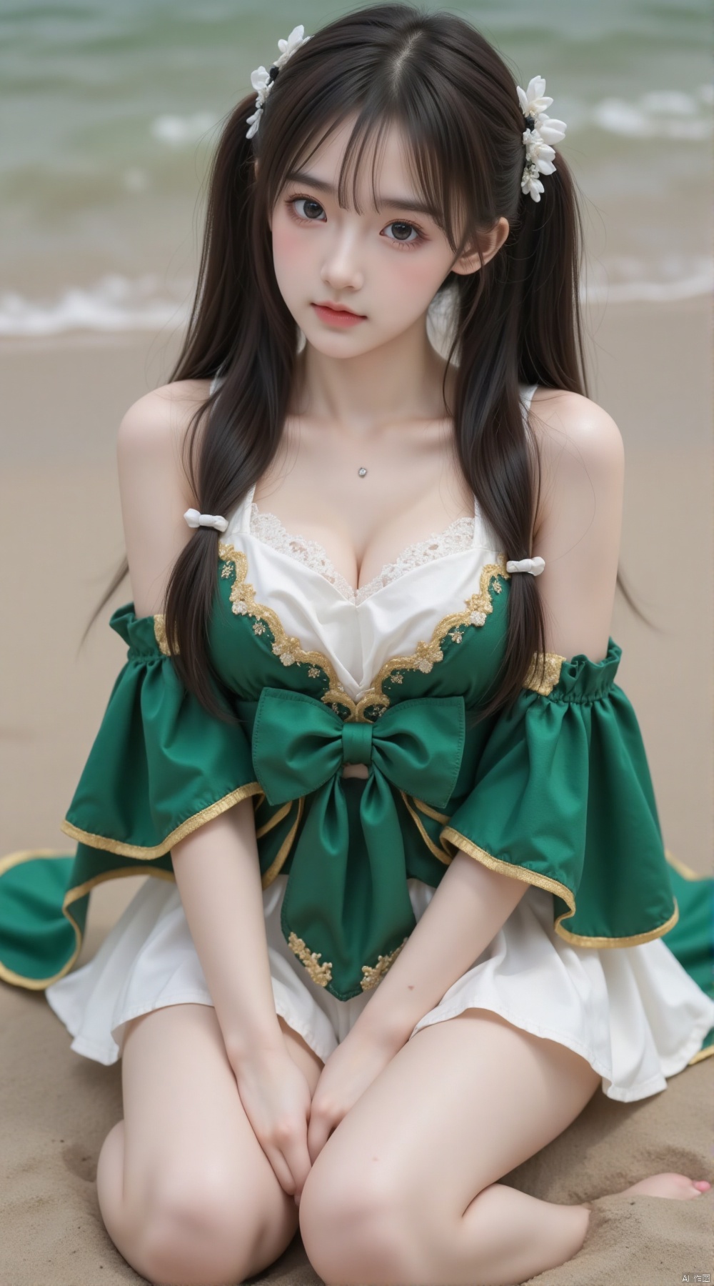 it is a frontal photograph of a yong woman,realistic,photography,50mm,ISO 500,Gaussian Noise,raw photo,depth of field,cute,beauty,pretty,detailed face,1girl,looking at viewer,closed mouth,sfw,cosplay,
(nahida\(genshin impact\):1.1),Green and white short dress, decorated with golden patterns and delicate lace, a large bow at the back, green cape with golden edges, small white flower hairpin on the side of the head, double ponytails with curly tips.
Highly detailed skin texture, pores and fine lines visible,realistic skin complexion,Skin with natural shine and translucency, 
Ultra-realistic skin with accurate color variation and smoothness,tear mole,beauty mark near the eye,(sitting in flower sea , bare foot),(from above:1.1),flower sea
