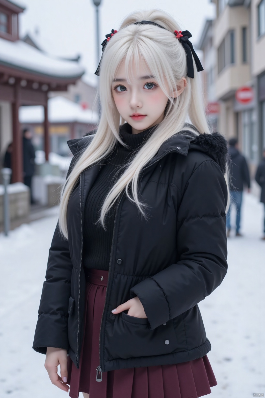 1girl,it is a photograph of a girl,she has obvious skin texture,realistic,raw photo,sfw,masterpiece,best quality,high quality,(colorful),1girl, solo, looking at viewer, , blonde_hair, green eyes, updo, blunt_bangs, hairpin, winter_coat, black_coat, miniskirt, dark_red_skirt, pleated skirt, standing, town, snow, winter,
Kamisato Ayaka\(genshin impact\)white long hair in a high ponytail with a samurai helmet-like hair tie, thick bangs, long side hair in tassel style tied with knots, a beauty mark near the left eye, noble,princess
