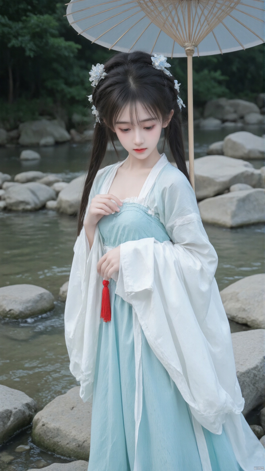 The image shows a young woman wearing a traditional Chinese Hanfu dress. She is standing in front of a river with rocks and trees in the background. The woman is holding a white parasol in her right hand and is looking down at it with a serious expression on her face. She has long dark hair styled in a half-up, half-down braid with a flower crown on top. The dress is light blue with white stripes and has a red tassel hanging from the waist. The overall mood of the image is peaceful and serene.