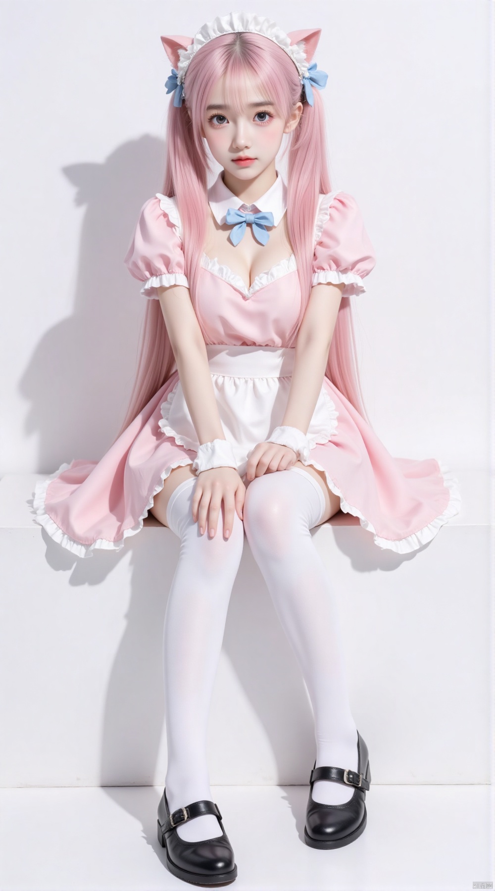 it is a frontal photograph of a yong woman.,student,1girl,realistic,raw photo,,,   1girl, :<, ahoge, animal ear fluff, animal ears, apron, between legs, black footwear, blue bow, blush, bow, breasts, cat ears, cat hair ornament, closed mouth, dress, frilled dress, frills, full body, hair bow, hair ornament, hairclip, hand between legs, long hair, looking at viewer, maid, maid headdress, mary janes, paw print, pink bow, pink dress, pink eyes, pink hair, puffy short sleeves, puffy sleeves, shoes, short sleeves, signature, sitting, solo, thighhighs, twintails, very long hair, virtual youtuber, wariza, white apron, white background, white headdress, white thighhighs, wing hair ornament, wrist cuffs,
pale skin,translucent,realistic,white skin,high detailed skin,(detailed skin:1.1),highly detailed,ultra-high resolution,32K UHD,sharp focus,best-quality,masterpiece,unconventional supreme masterpiece,masterful details,temperate atmosphere,with a high-end texture,in the style of fashion photography,Dynamic Angle,white background,sitting on floor