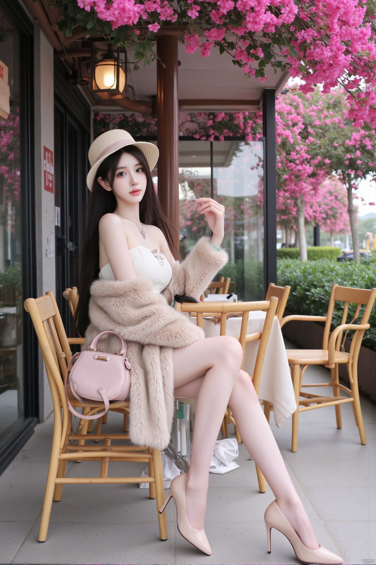 Realistic photo, a young woman, long flowing hair, fair skin, big breasts, fashionable hat, off-shoulder dress, mink coat, wearing a green jade bracelet on her right hand, holding a pink leather bag in her left hand , long legs, high heels, full body, sitting, coffee shop entrance, tables and chairs, trees full of pink flowers,