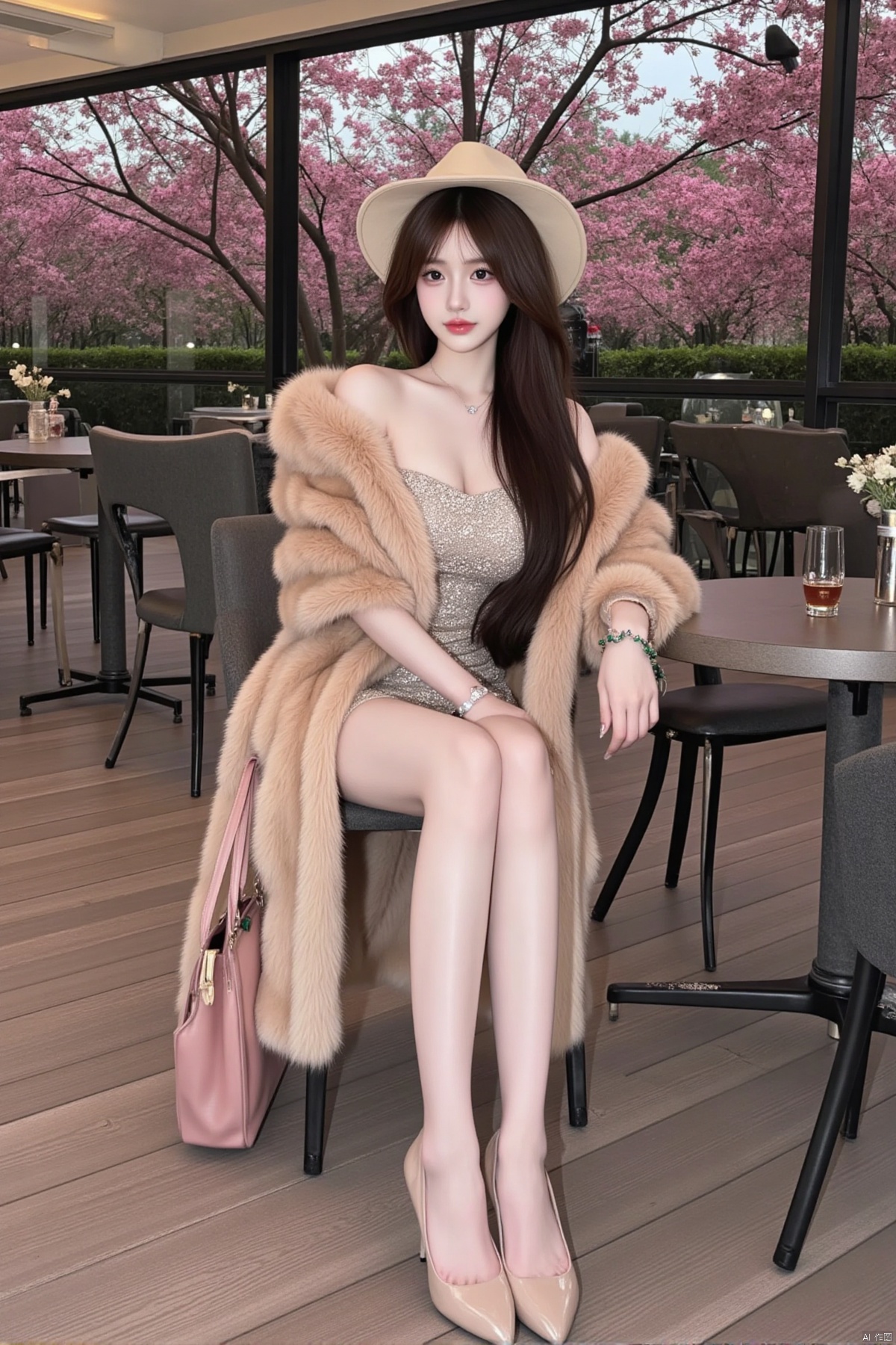 Realistic photo, a young woman, long flowing hair, fair skin, big breasts, fashionable hat, off-shoulder dress, mink coat, wearing a green jade bracelet on her right hand, holding a pink leather bag in her left hand , long legs, high heels, full body, sitting, coffee shop entrance, tables and chairs, trees full of pink flowers,