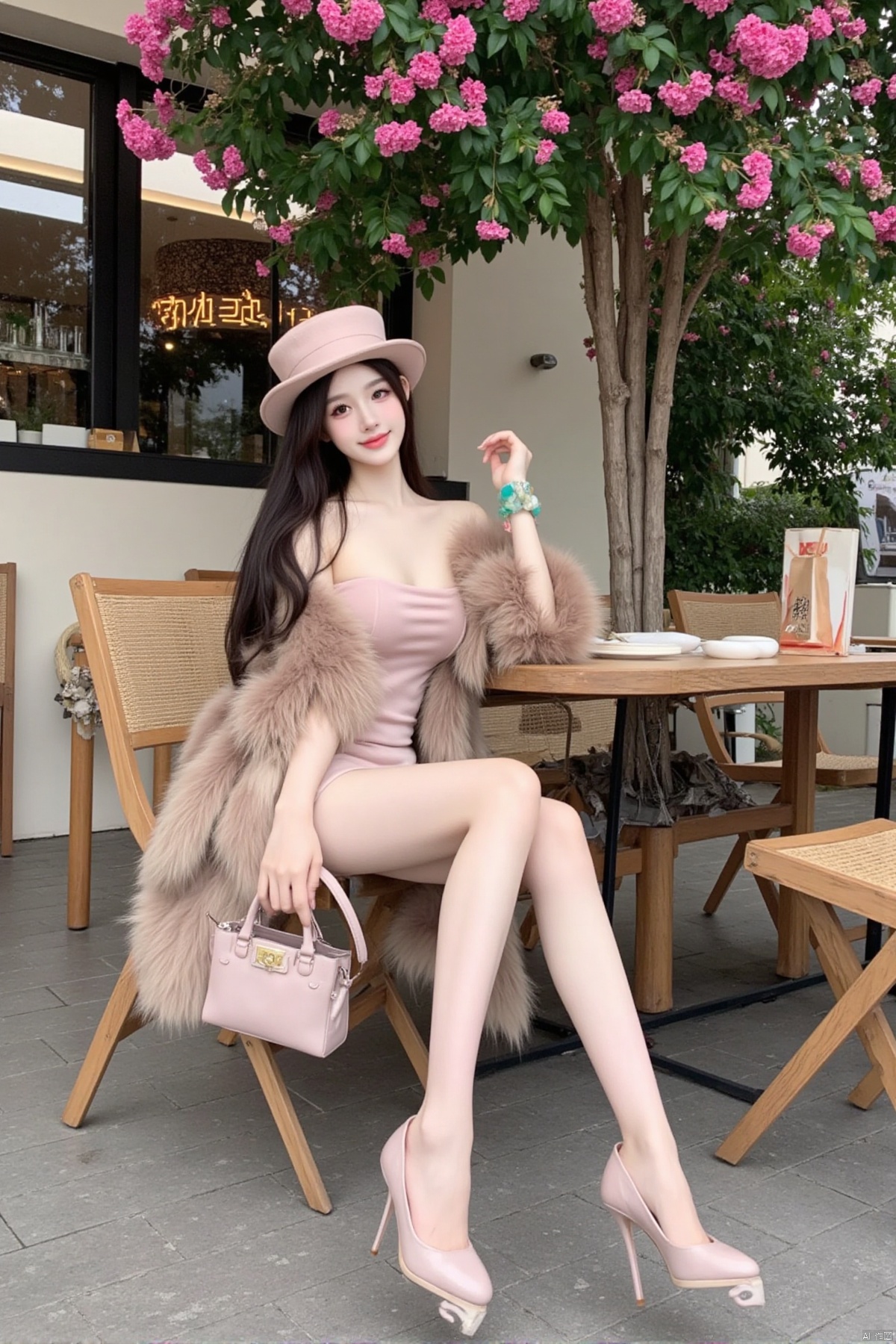 Realistic photo, a young woman, long flowing hair, fair skin, big breasts, fashionable hat, off-shoulder dress, mink coat, wearing a green jade bracelet on her right hand, holding a pink leather bag in her left hand , long legs, high heels, full body, sitting, coffee shop entrance, tables and chairs, trees full of pink flowers,